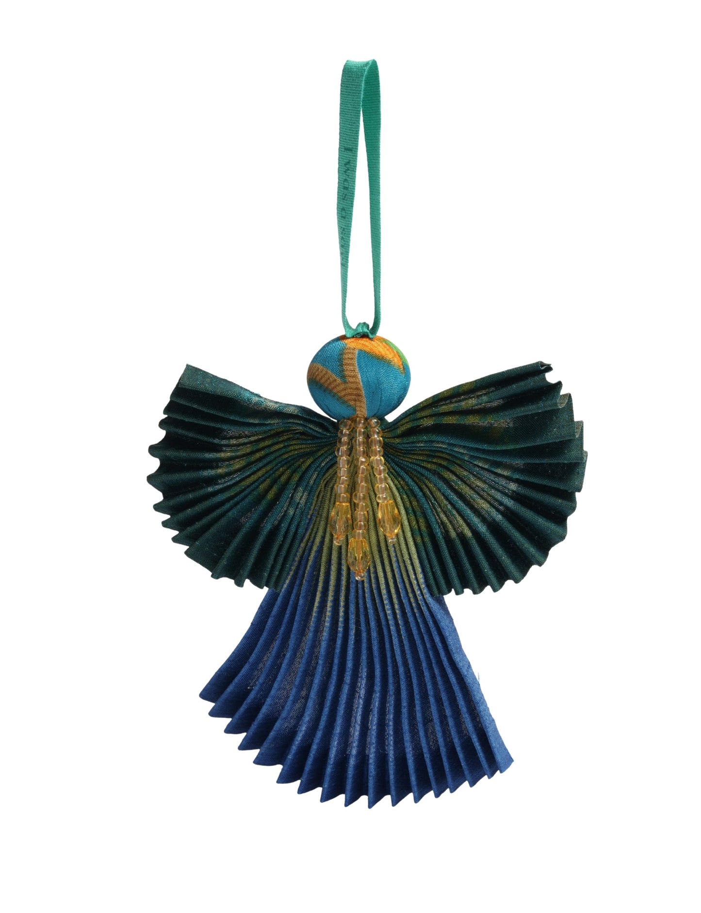 Angel Christmas Ornament made from upcycled saris, featuring pleated arms and body. A sustainable, eco-friendly holiday decoration, embodying recycled fashion and upcycling in festive style.





