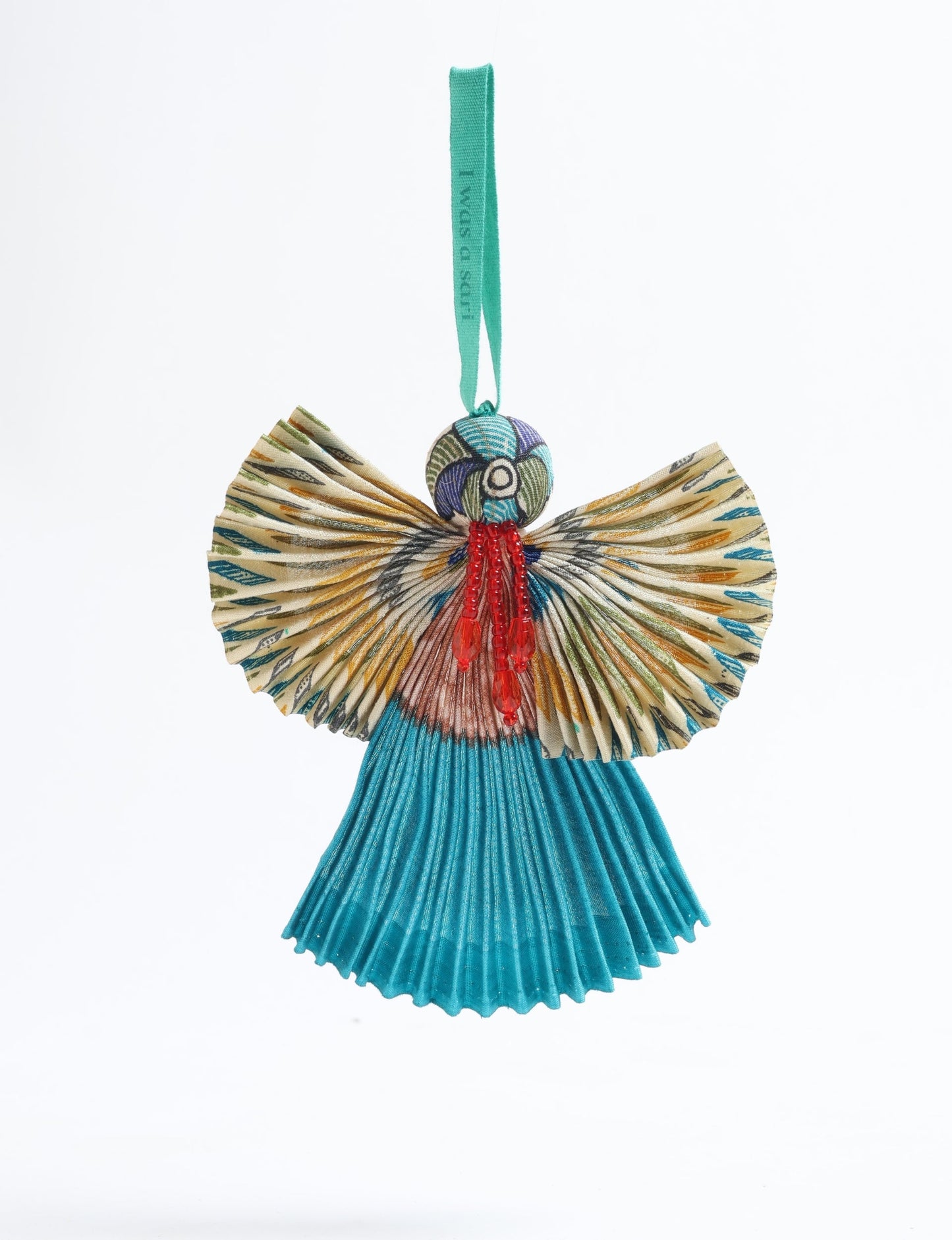 Angel Christmas Ornament made from upcycled saris, featuring pleated arms and body. A sustainable, eco-friendly holiday decoration, embodying recycled fashion and upcycling in festive style.





