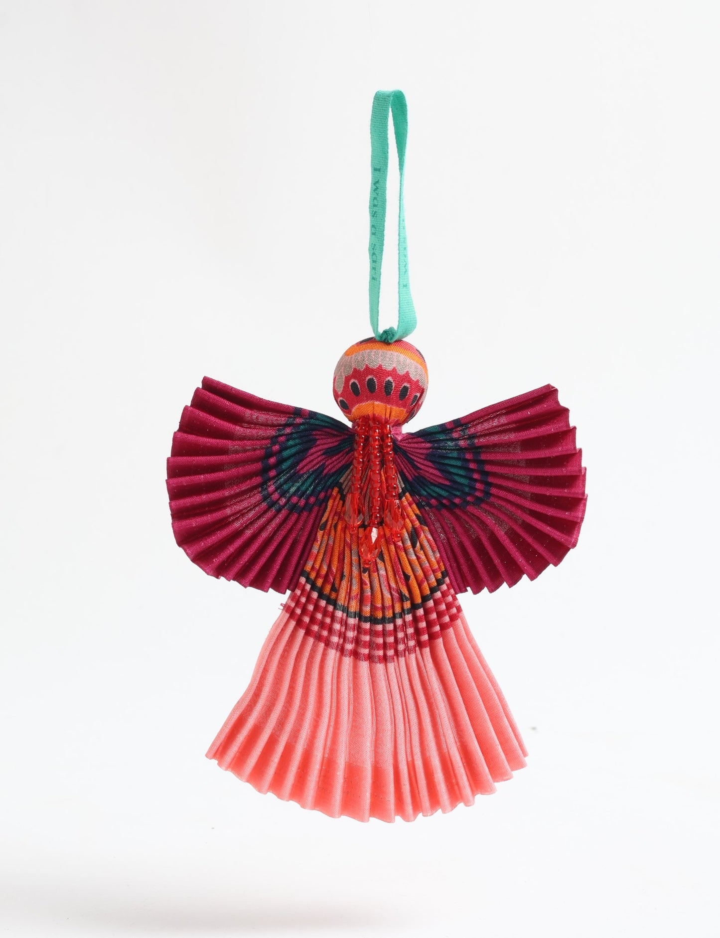 Angel Christmas Ornament made from upcycled saris, featuring pleated arms and body. A sustainable, eco-friendly holiday decoration, embodying recycled fashion and upcycling in festive style.






