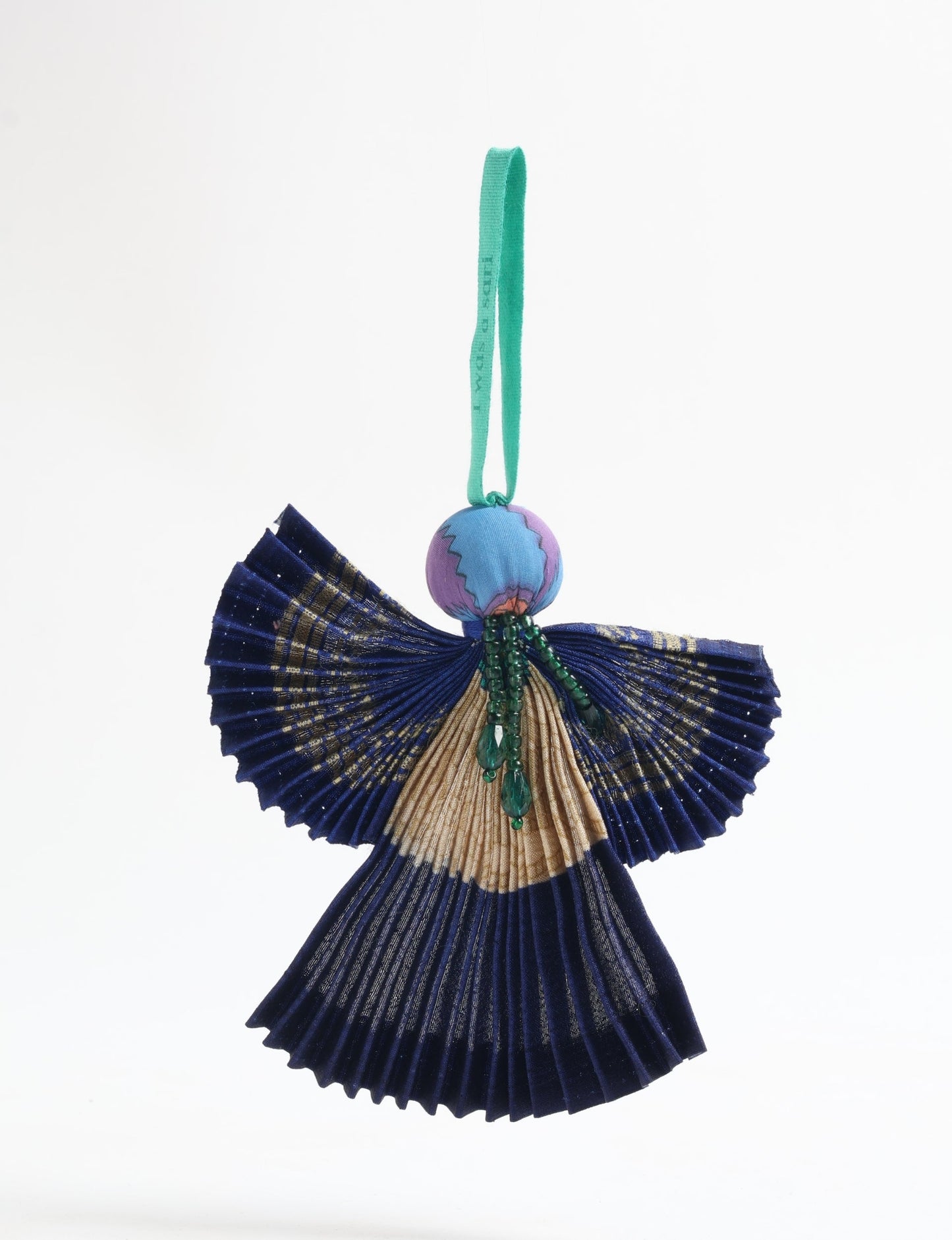 Angel Christmas Ornament made from upcycled saris, featuring pleated arms and body. A sustainable, eco-friendly holiday decoration, embodying recycled fashion and upcycling in festive style.





