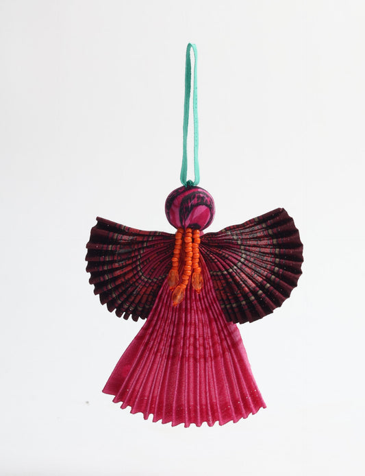 Angel Christmas Ornament made from upcycled saris, featuring pleated arms and body. A sustainable, eco-friendly holiday decoration, embodying recycled fashion and upcycling in festive style.





