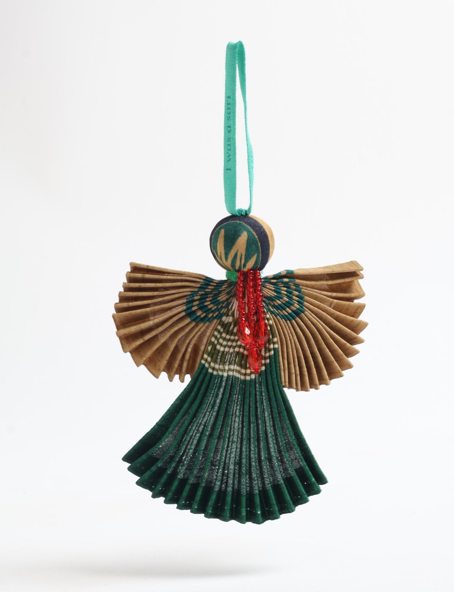 Angel Christmas Ornament made from upcycled saris, featuring pleated arms and body. A sustainable, eco-friendly holiday decoration, embodying recycled fashion and upcycling in festive style.





