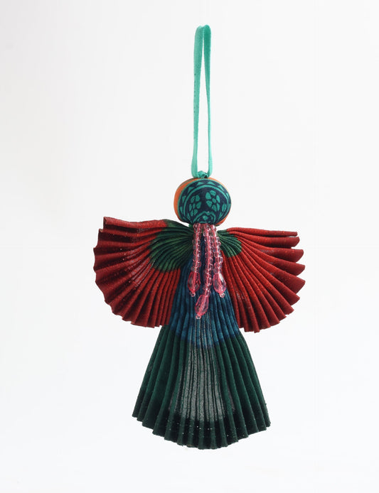 Angel Christmas Ornament made from upcycled saris, featuring pleated arms and body. A sustainable, eco-friendly holiday decoration, embodying recycled fashion and upcycling in festive style.





