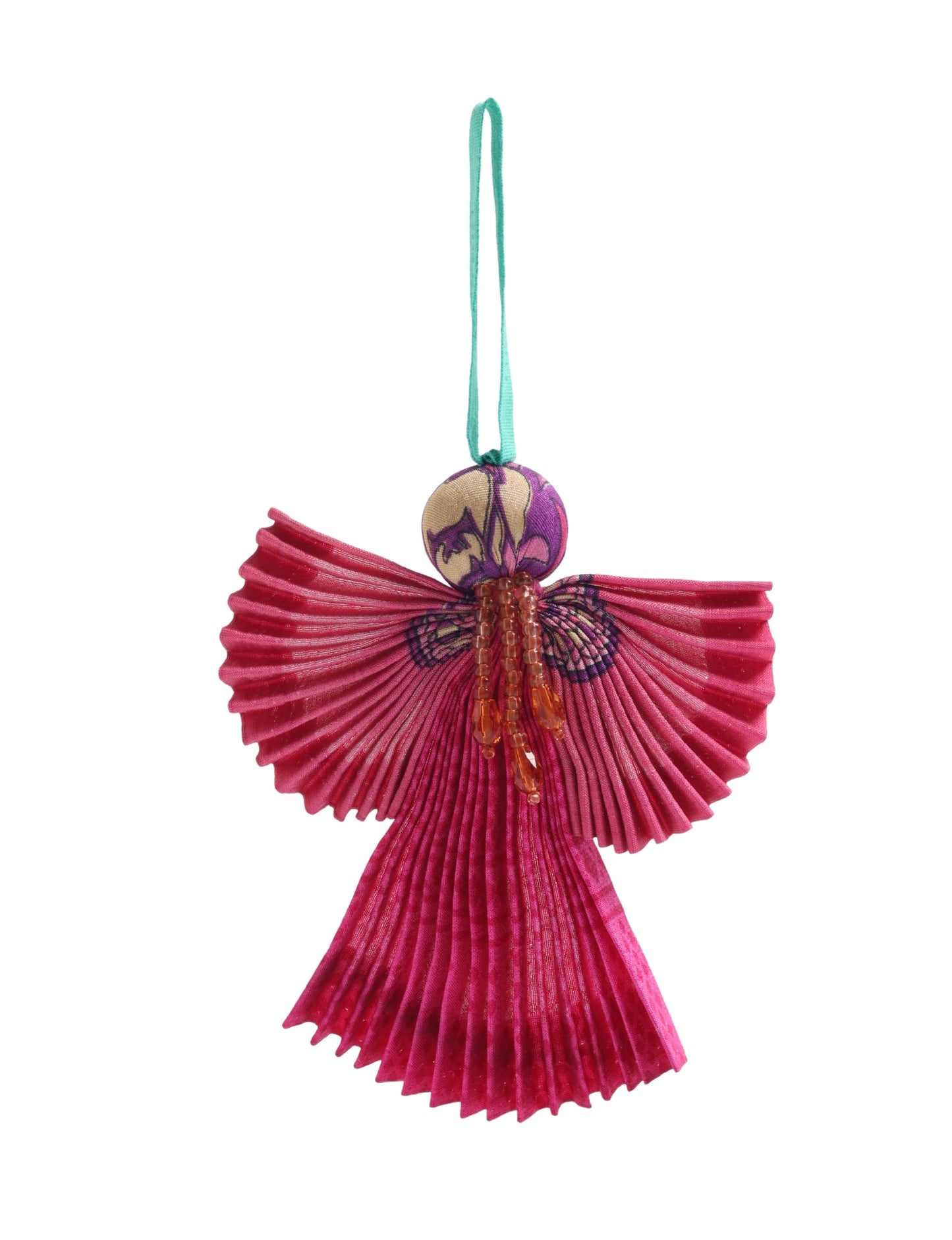 Angel Christmas Ornament made from upcycled saris, featuring pleated arms and body. A sustainable, eco-friendly holiday decoration, embodying recycled fashion and upcycling in festive style.





