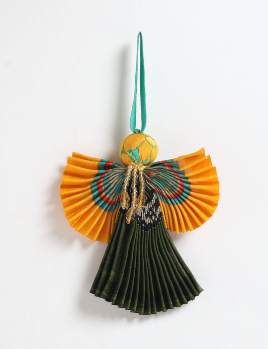 Angel Christmas Ornament made from upcycled saris, featuring pleated arms and body. A sustainable, eco-friendly holiday decoration, embodying recycled fashion and upcycling in festive style.





