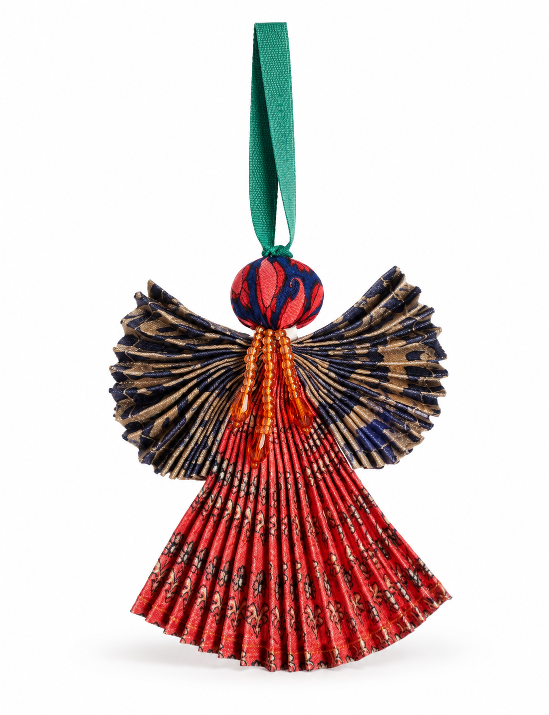 Angel Christmas Ornament made from upcycled saris, featuring pleated arms and body. A sustainable, eco-friendly holiday decoration, embodying recycled fashion and upcycling in festive style.





