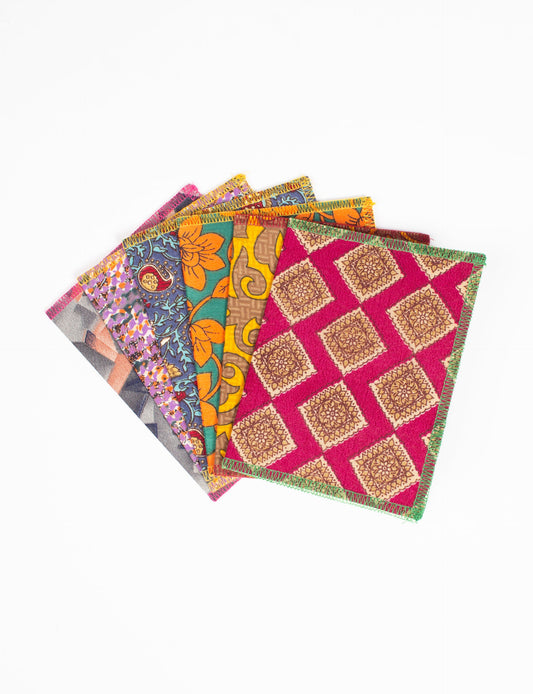 Folded Celebration Card Set, 6 pieces made from recycled sari fabric, showcasing sustainable, eco-friendly, and upcycled fashion principles. Ideal for sending wishes while supporting circular fashion, sustainable apparel, and environmentally friendly practices.