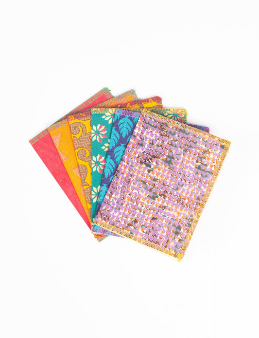 Folded Celebration Card Set, 6 pieces made from recycled sari fabric, showcasing sustainable, eco-friendly, and upcycled fashion principles. Ideal for sending wishes while supporting circular fashion, sustainable apparel, and environmentally friendly practices.