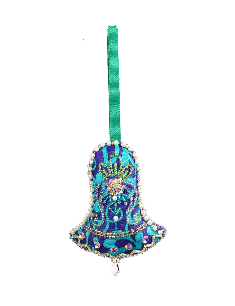Blue and turquoise fabric bell ornament with green beaded floral design, pearl trim, and green hanging loop, front view