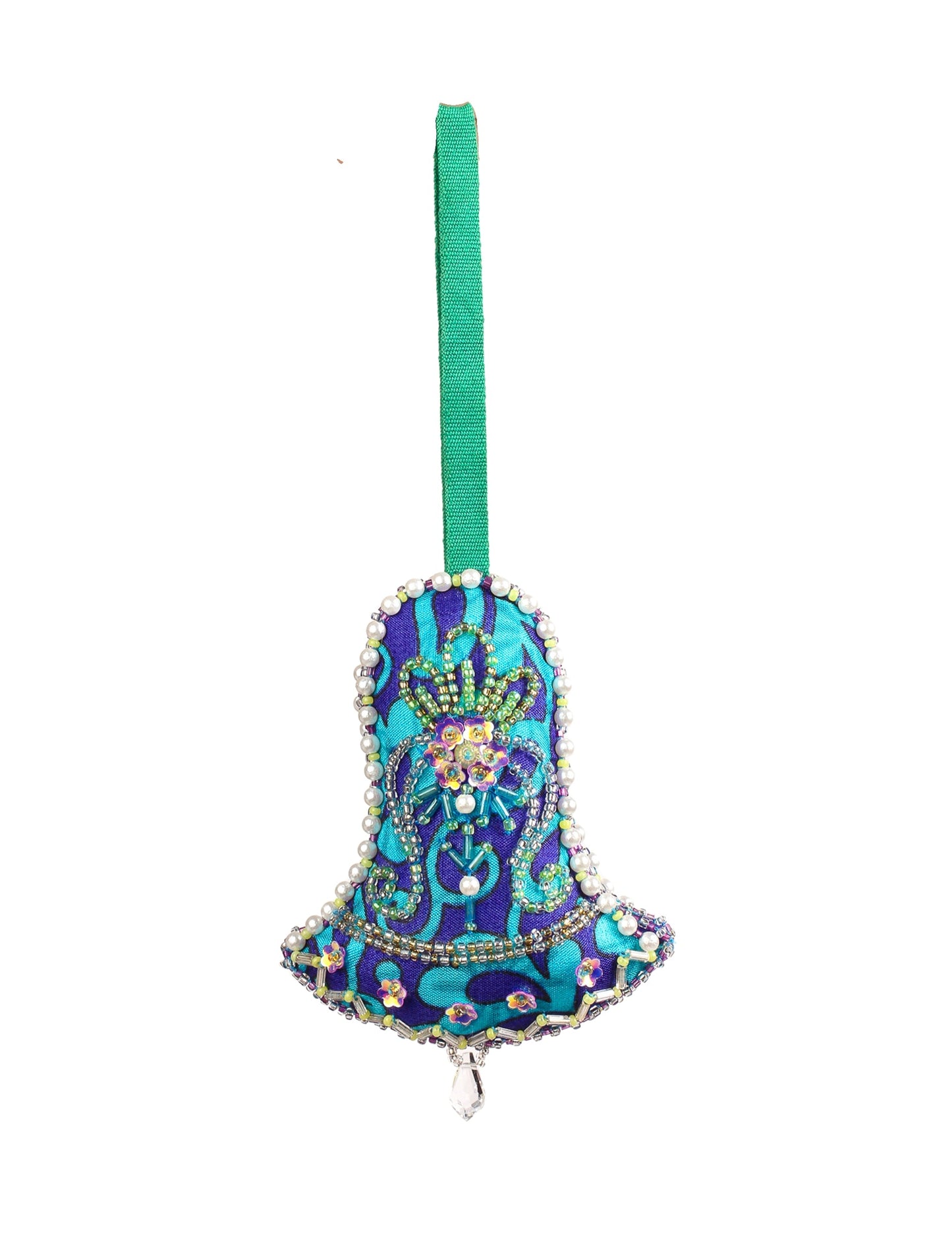 Bell-shaped Christmas ornament made from recycled saris, showcasing Aari embroidery, sustainable apparel, and green fashion. A celebration of upcycled clothing and eco-friendly products with a focus on sustainable women’s clothing and recycled fashion.