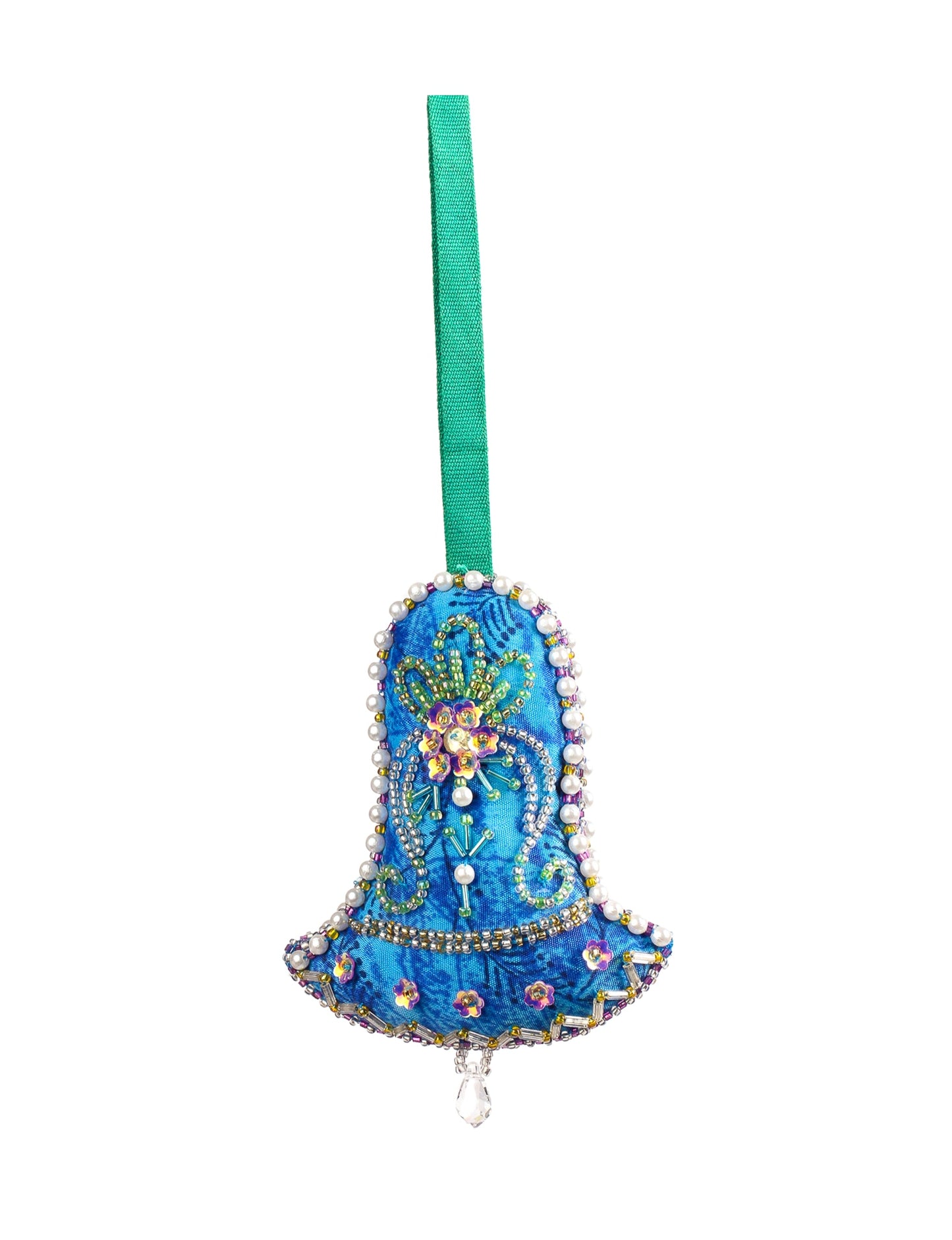 Bell-shaped Christmas ornament made from recycled saris, showcasing Aari embroidery, sustainable apparel, and green fashion. A celebration of upcycled clothing and eco-friendly products with a focus on sustainable women’s clothing and recycled fashion.