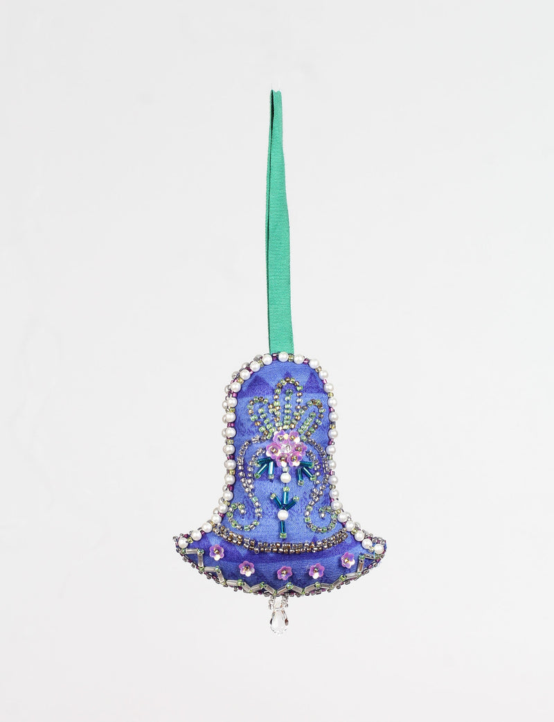 Blue fabric bell ornament with green ribbon hanger, decorated with beads, pearls, and sequined floral patterns, hanging flat