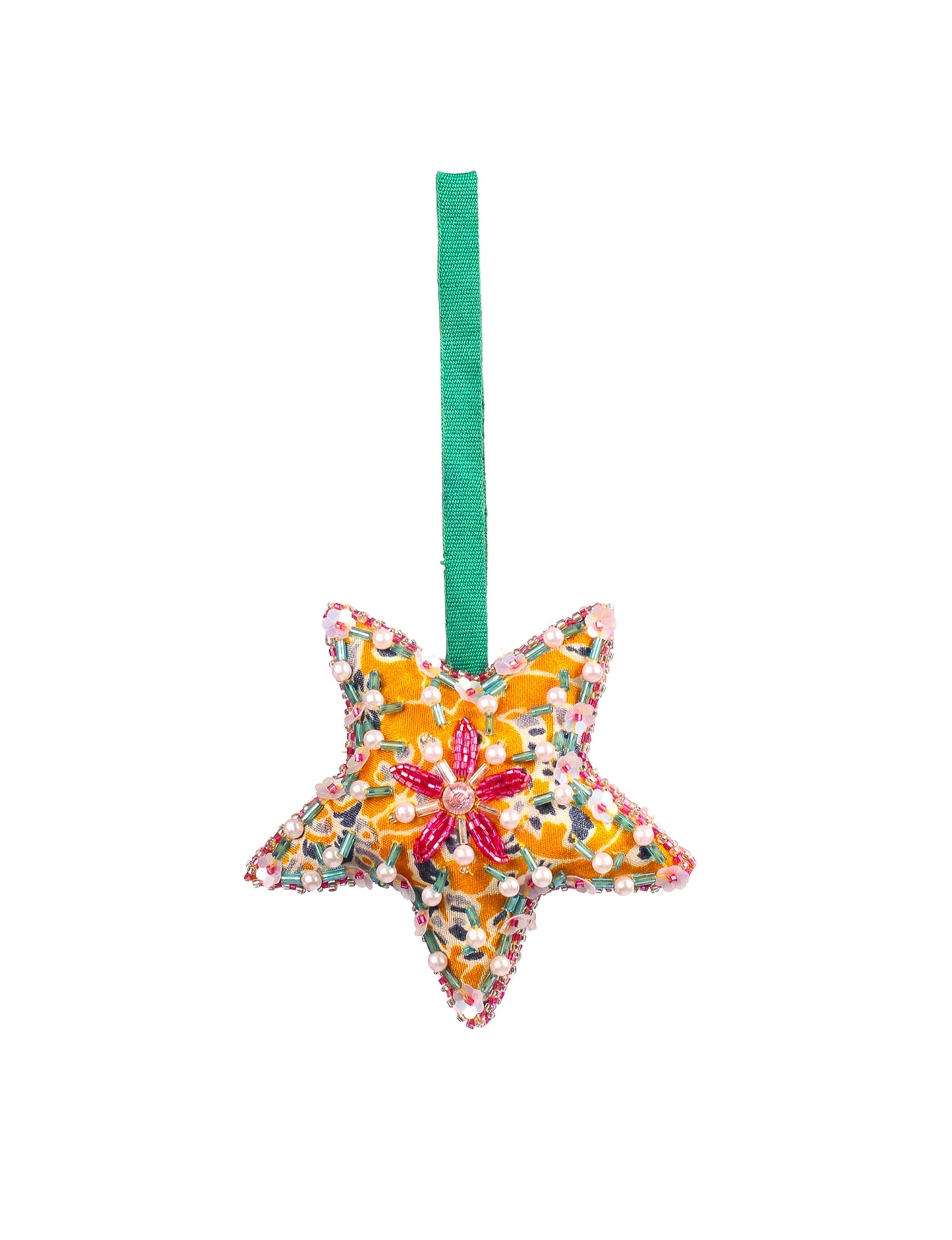 Christmas Star Ornaments made from upcycled saris with hand-embroidered Aari work, showcasing sustainable fashion and eco-friendly craftsmanship for ethical and green holiday decor.