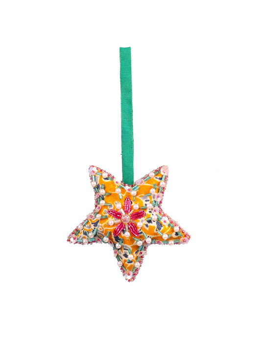 Christmas Star Ornaments made from upcycled saris with hand-embroidered Aari work, showcasing sustainable fashion and eco-friendly craftsmanship for ethical and green holiday decor.