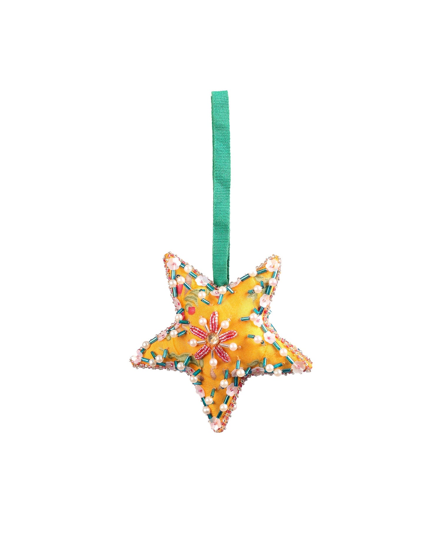 Christmas Star Ornaments made from upcycled saris with hand-embroidered Aari work, showcasing sustainable fashion and eco-friendly craftsmanship for ethical and green holiday decor.