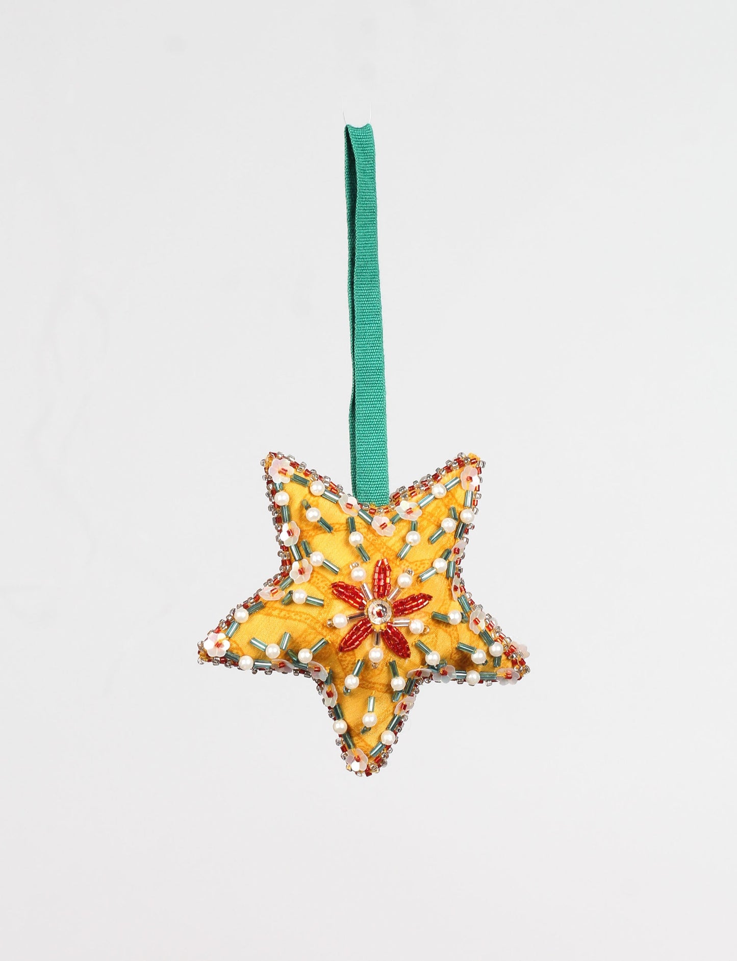 Christmas Star Ornaments made from upcycled saris with hand-embroidered Aari work, showcasing sustainable fashion and eco-friendly craftsmanship for ethical and green holiday decor.