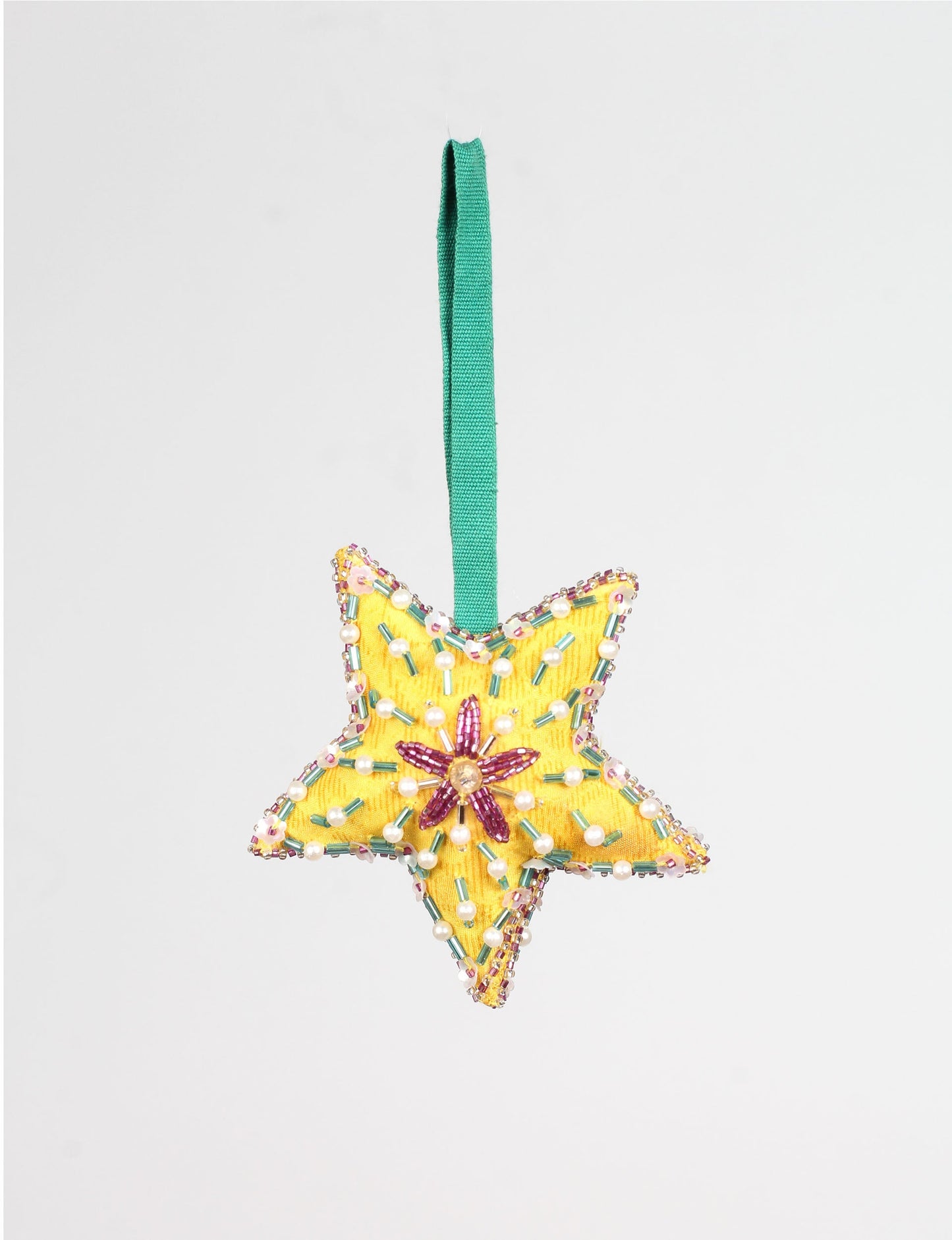 Christmas Star Ornaments made from upcycled saris with hand-embroidered Aari work, showcasing sustainable fashion and eco-friendly craftsmanship for ethical and green holiday decor.