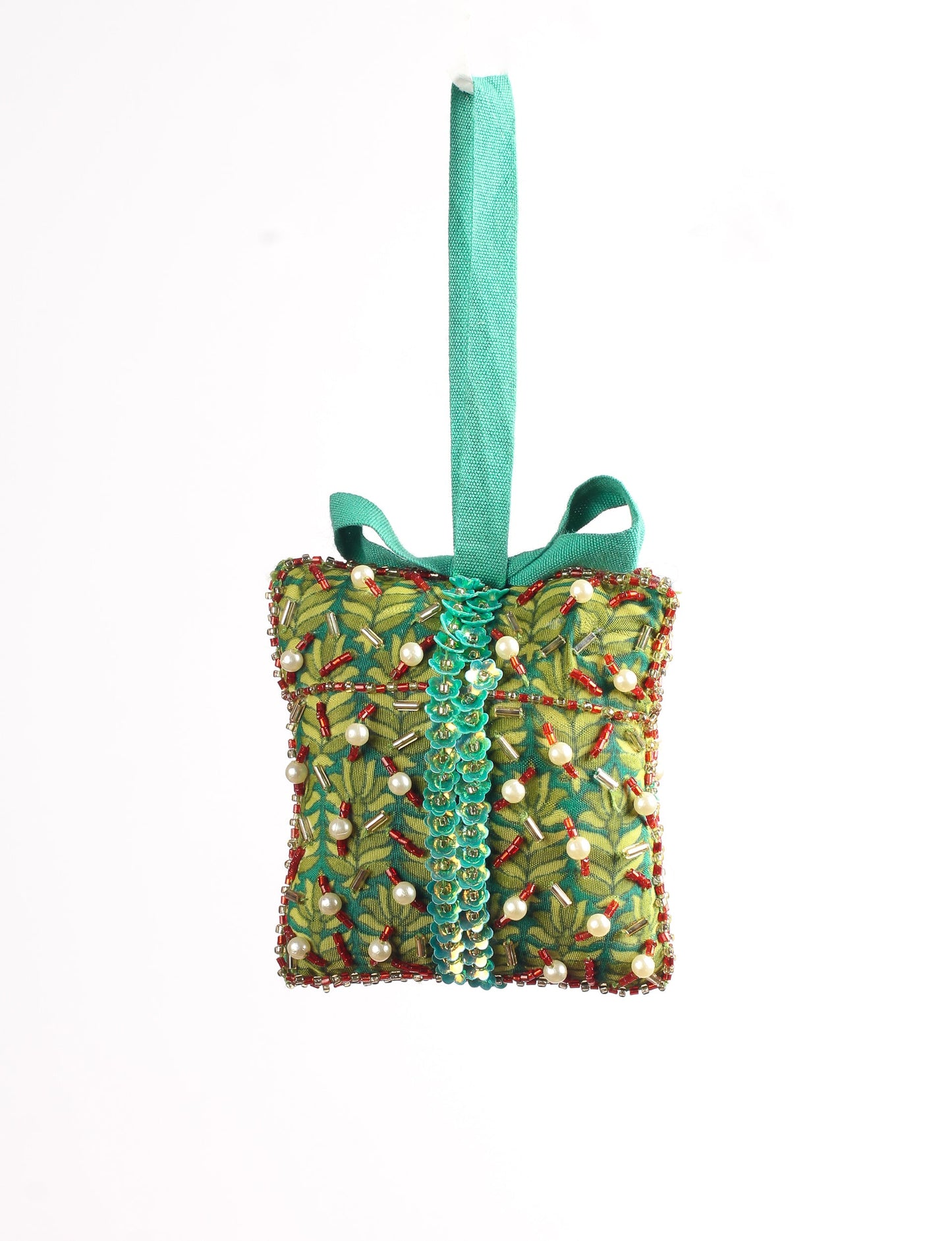 Eco-conscious Christmas ornament crafted from preloved saris, showcasing intricate Aari hand embroidery by female artisans. A beautiful, fair trade, upcycled decoration reflecting sustainable fashion, recycled materials, and ethical craftsmanship in green, earth-friendly, and circular fashion.