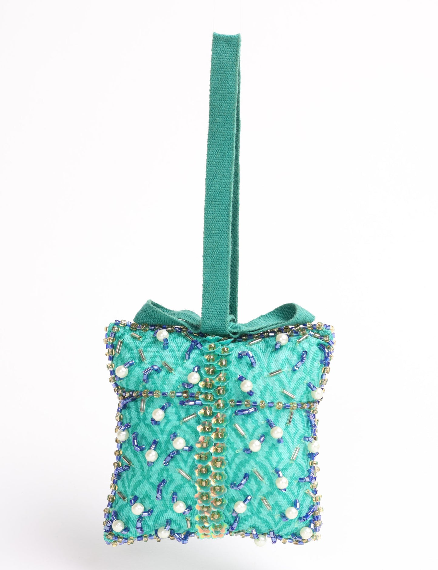 Eco-conscious Christmas ornament crafted from preloved saris, showcasing intricate Aari hand embroidery by female artisans. A beautiful, fair trade, upcycled decoration reflecting sustainable fashion, recycled materials, and ethical craftsmanship in green, earth-friendly, and circular fashion.