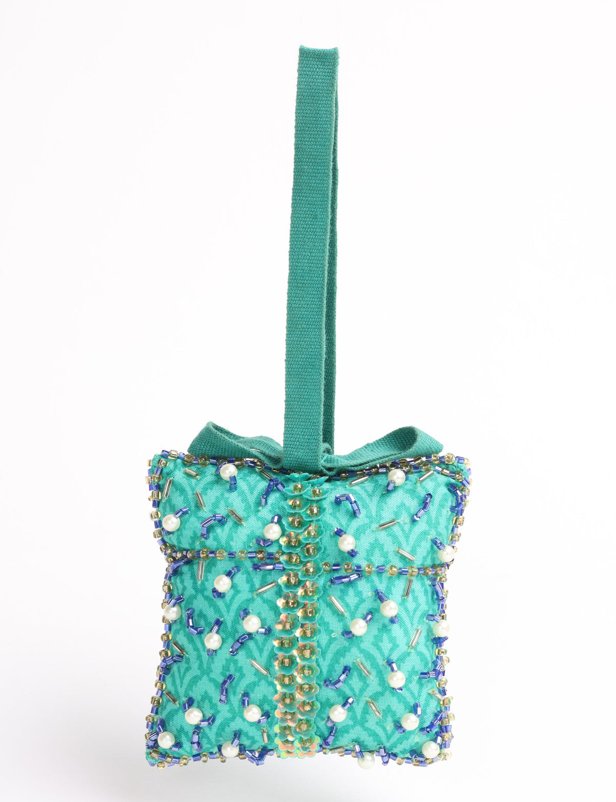Green fabric gift-shaped ornament with blue, gold, and pearl bead embellishments and a green hanging loop