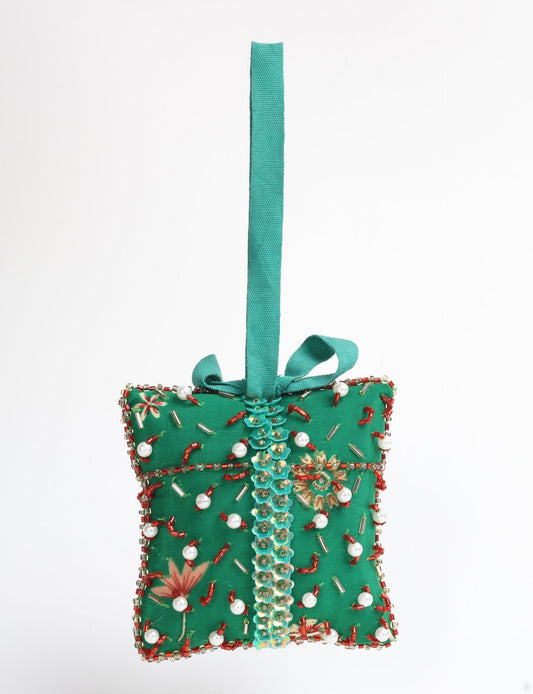 Eco-conscious Christmas ornament crafted from preloved saris, showcasing intricate Aari hand embroidery by female artisans. A beautiful, fair trade, upcycled decoration reflecting sustainable fashion, recycled materials, and ethical craftsmanship in green, earth-friendly, and circular fashion.