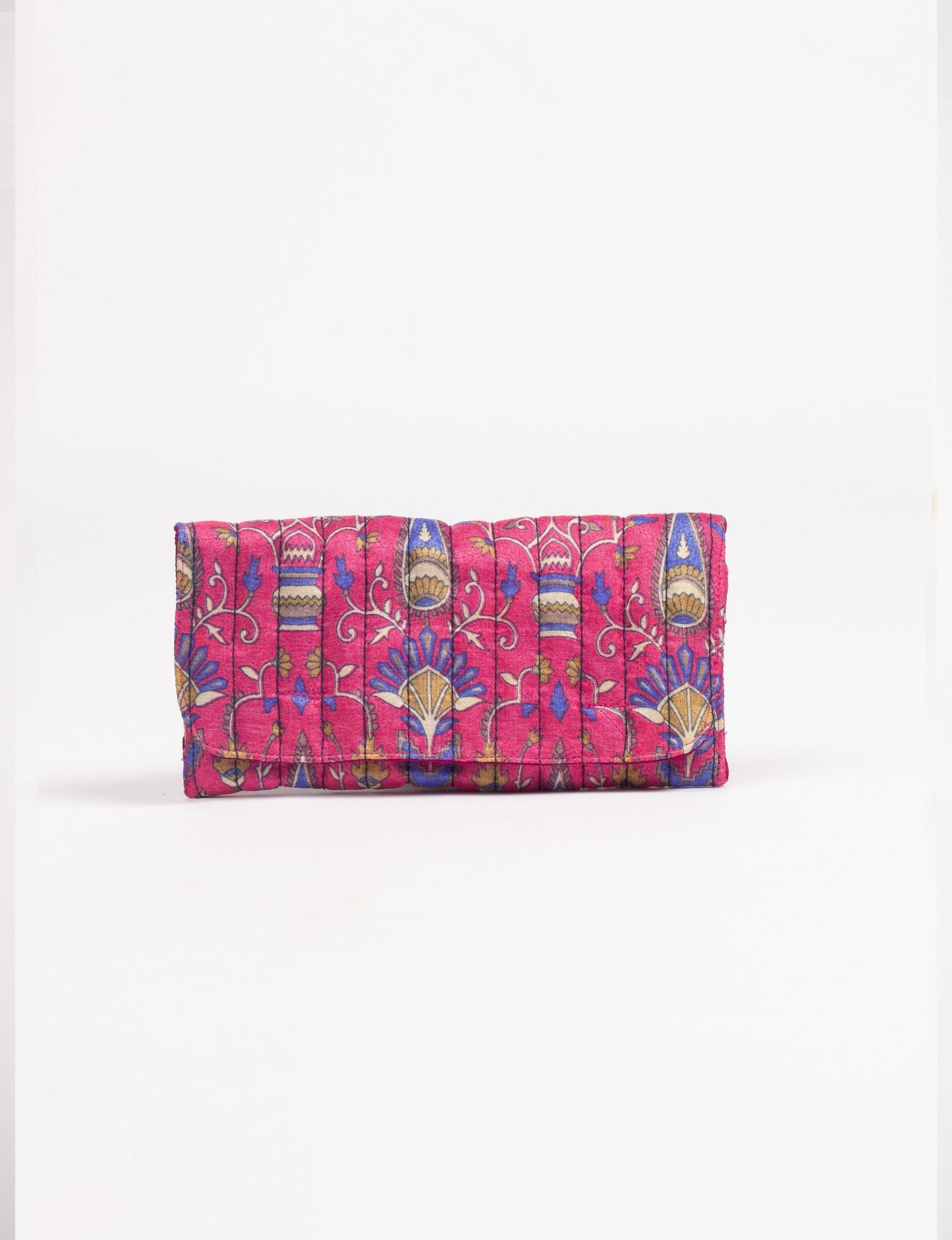 Quilted sunglasses case made from recycled sari products, featuring a secure magnetic closure. A chic example of ethical fashion, conscious clothing, and carbon neutral fashion. Protect your sunglasses while embracing circular fashion and upcycled garments.