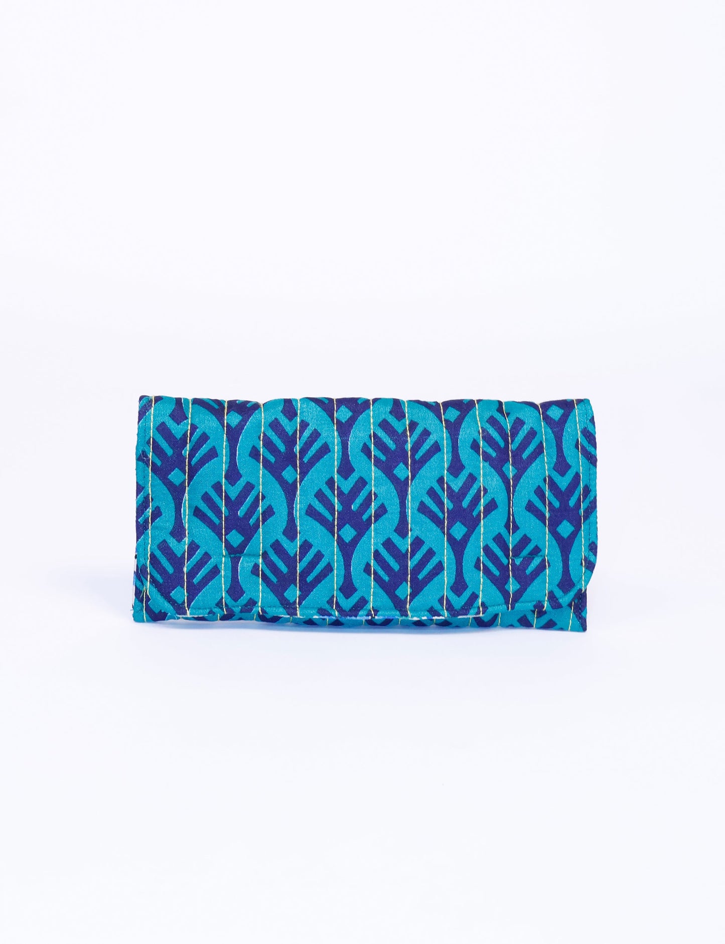 Quilted sunglasses case made from recycled sari products, featuring a secure magnetic closure. A chic example of ethical fashion, conscious clothing, and carbon neutral fashion. Protect your sunglasses while embracing circular fashion and upcycled garments.