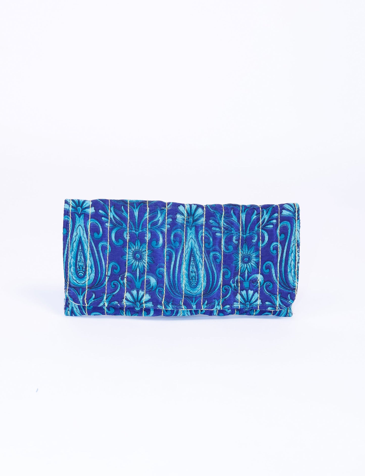 Quilted sunglasses case made from recycled sari products, featuring a secure magnetic closure. A chic example of ethical fashion, conscious clothing, and carbon neutral fashion. Protect your sunglasses while embracing circular fashion and upcycled garments.