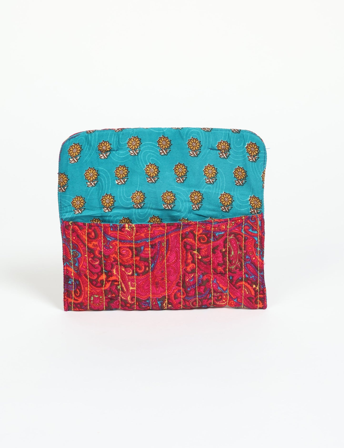 Quilted sunglasses case made from recycled sari products, featuring a secure magnetic closure. A chic example of ethical fashion, conscious clothing, and carbon neutral fashion. Protect your sunglasses while embracing circular fashion and upcycled garments.