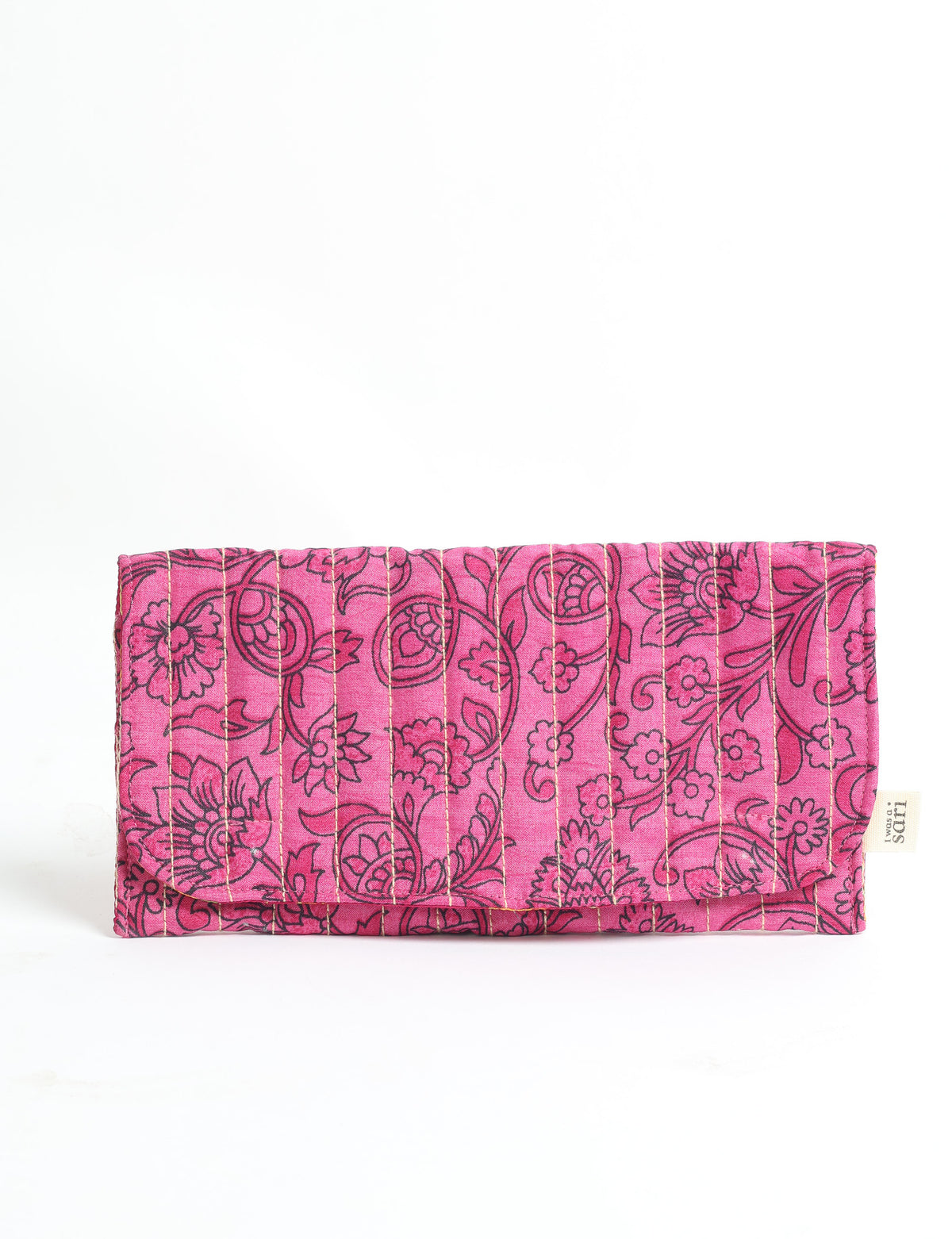 Quilted sunglasses case made from recycled sari products, featuring a secure magnetic closure. A chic example of ethical fashion, conscious clothing, and carbon neutral fashion. Protect your sunglasses while embracing circular fashion and upcycled garments.