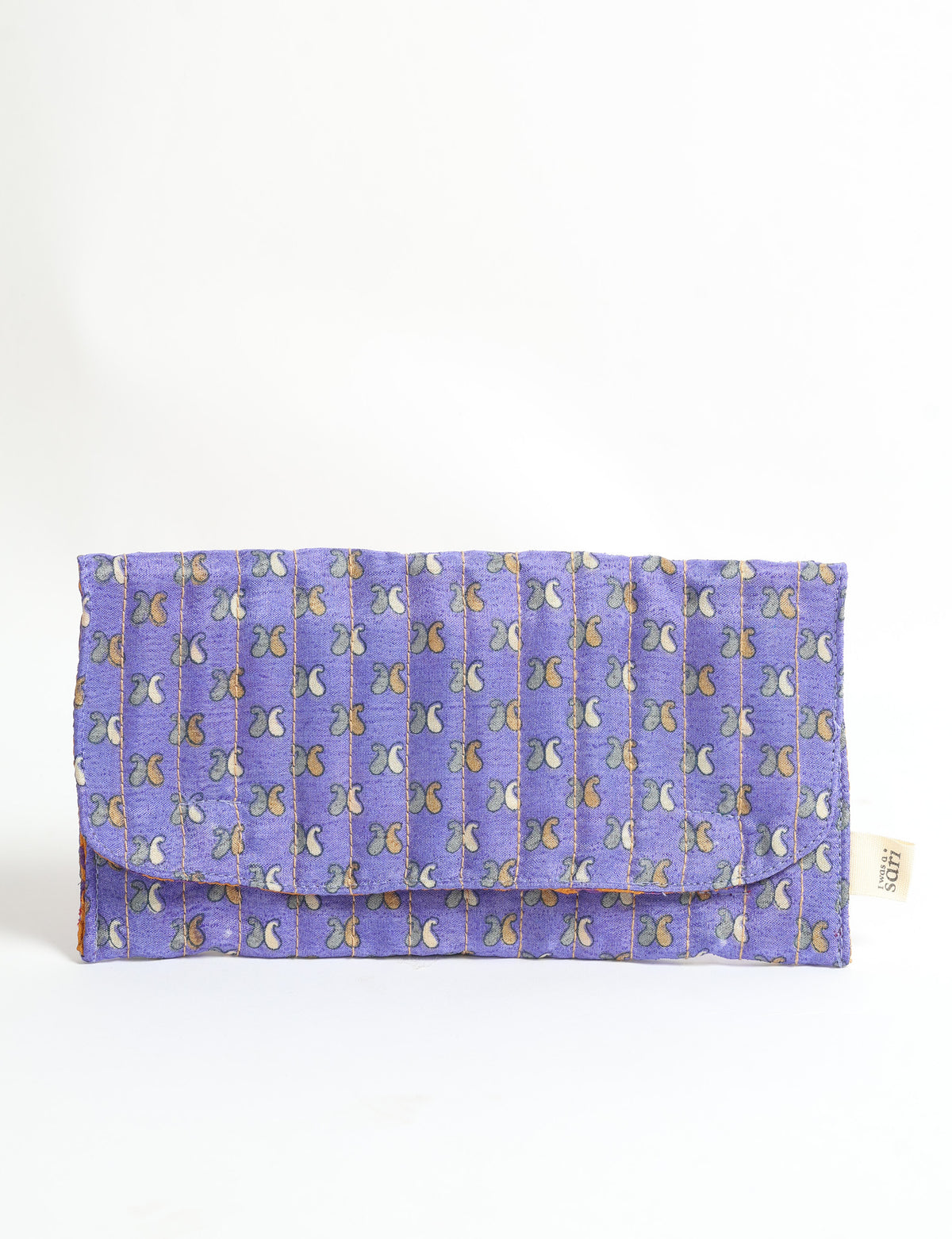 Quilted sunglasses case made from recycled sari products, featuring a secure magnetic closure. A chic example of ethical fashion, conscious clothing, and carbon neutral fashion. Protect your sunglasses while embracing circular fashion and upcycled garments.