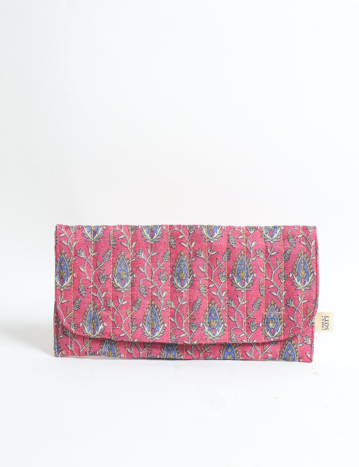 Quilted pink fabric sunglasses case with blue and beige tropical floral pattern, folded with flap and fabric tag on side