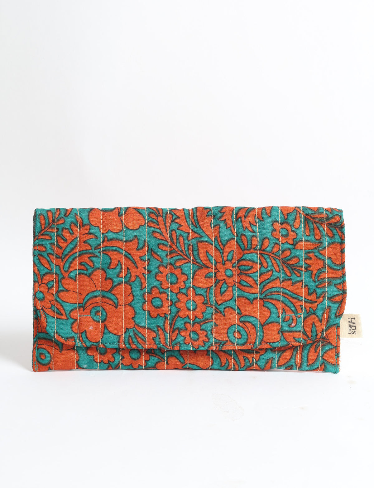 Quilted sunglasses case with orange floral and leaf pattern on teal fabric, front view, folded with visible stitching and label