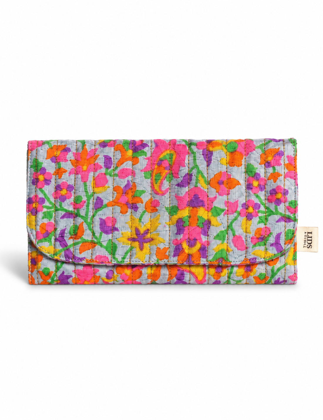 Quilted sunglasses case made from recycled sari products, featuring a secure magnetic closure. A chic example of ethical fashion, conscious clothing, and carbon neutral fashion. Protect your sunglasses while embracing circular fashion and upcycled garments.