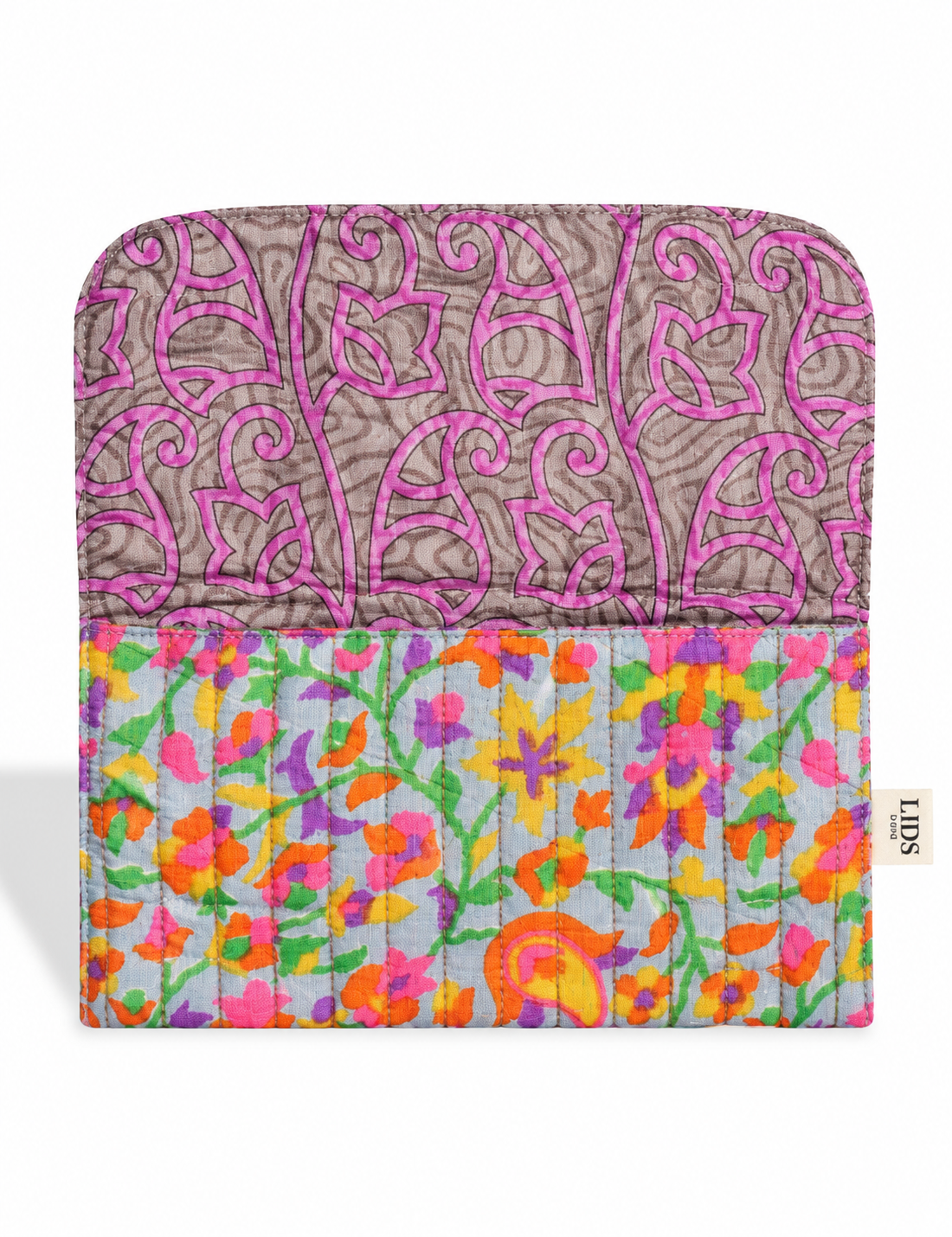 Quilted sunglasses case made from recycled sari products, featuring a secure magnetic closure. A chic example of ethical fashion, conscious clothing, and carbon neutral fashion. Protect your sunglasses while embracing circular fashion and upcycled garments.