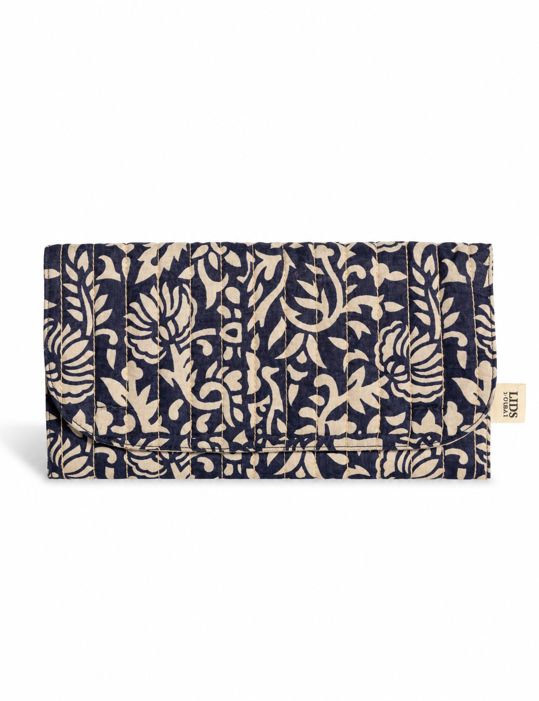 Quilted sunglasses case made from recycled sari products, featuring a secure magnetic closure. A chic example of ethical fashion, conscious clothing, and carbon neutral fashion. Protect your sunglasses while embracing circular fashion and upcycled garments.