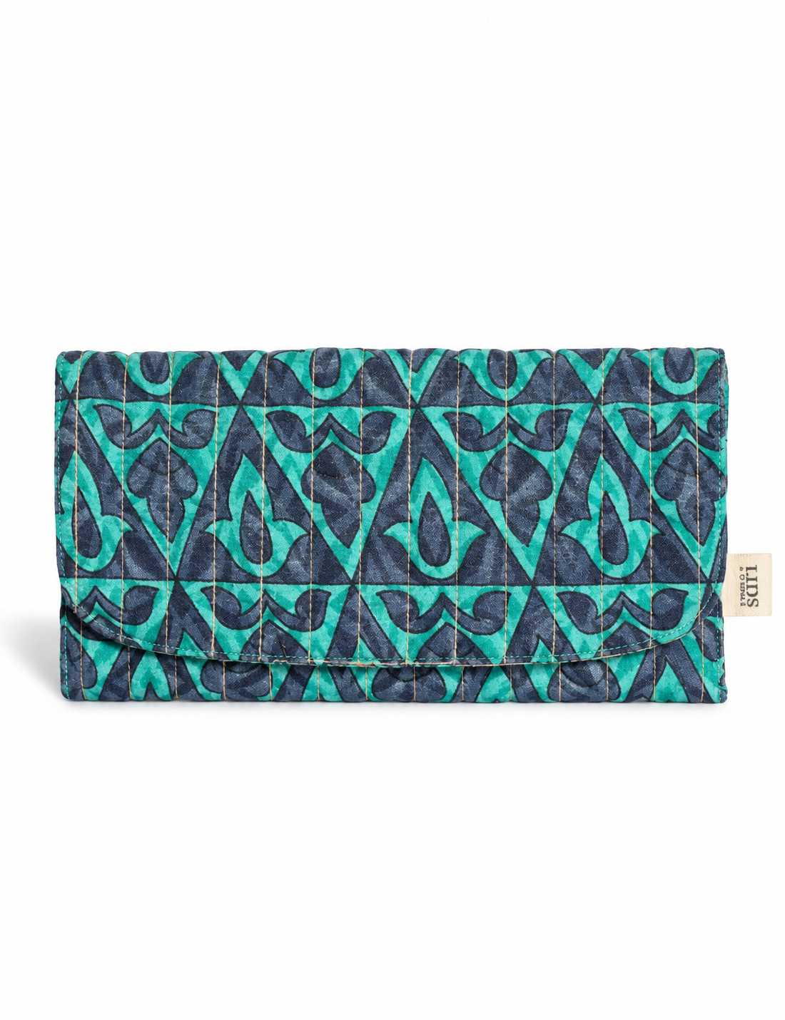 Quilted sunglasses case made from recycled sari products, featuring a secure magnetic closure. A chic example of ethical fashion, conscious clothing, and carbon neutral fashion. Protect your sunglasses while embracing circular fashion and upcycled garments.