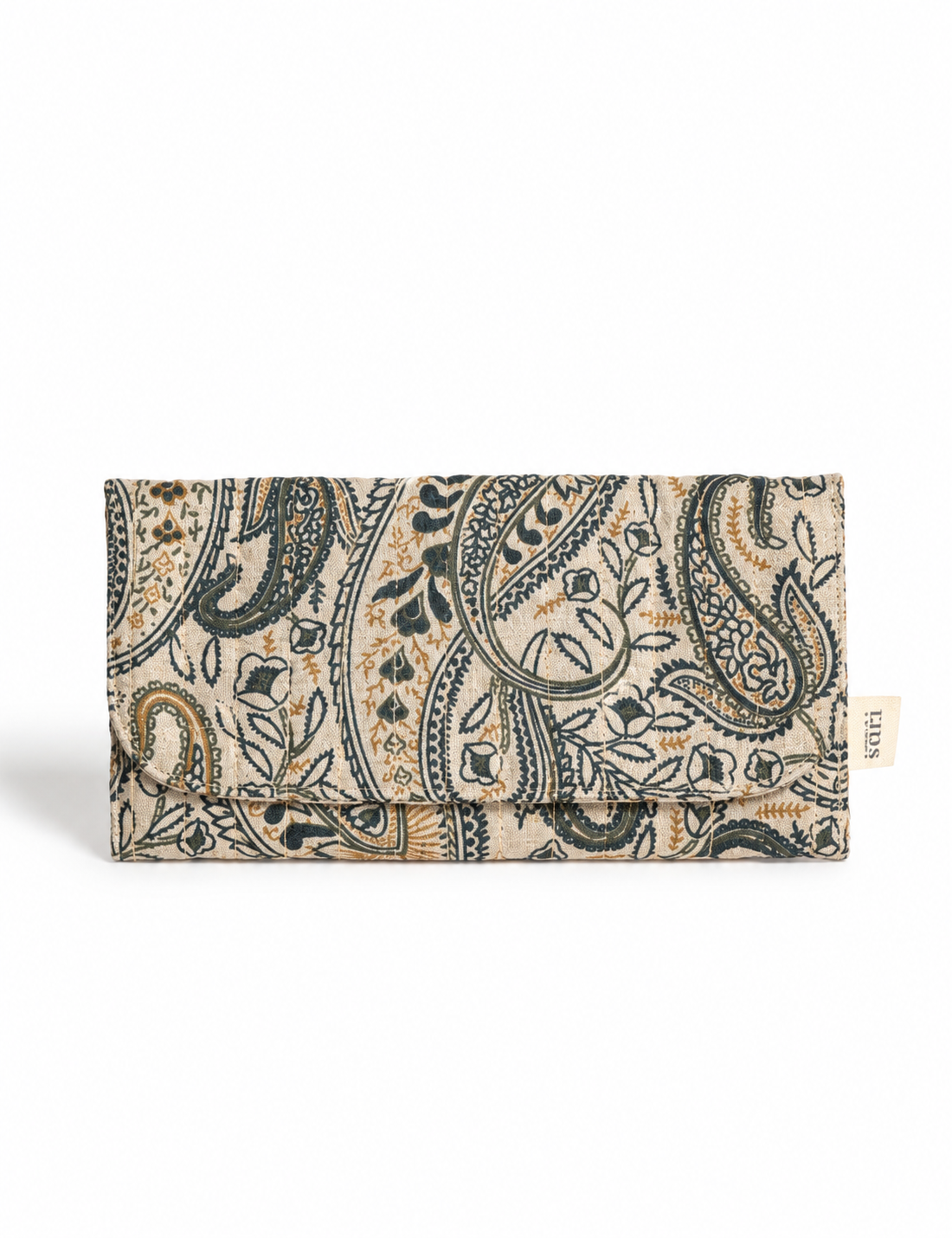 Quilted sunglasses case made from recycled sari products, featuring a secure magnetic closure. A chic example of ethical fashion, conscious clothing, and carbon neutral fashion. Protect your sunglasses while embracing circular fashion and upcycled garments.