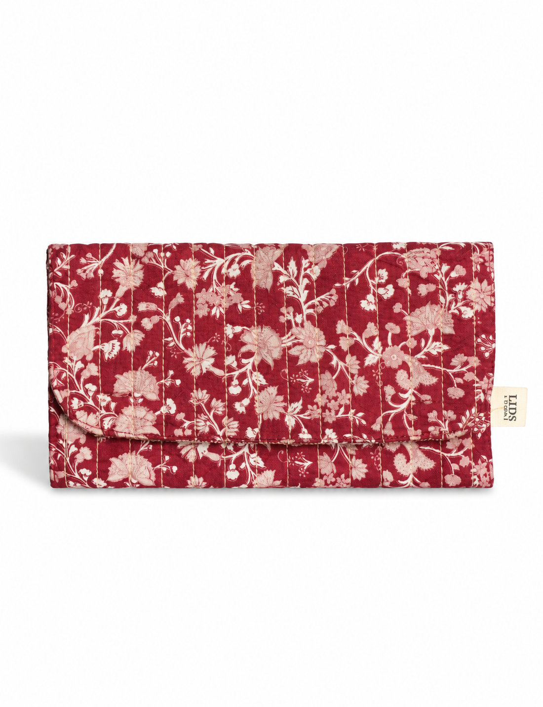 Quilted sunglasses case made from recycled sari products, featuring a secure magnetic closure. A chic example of ethical fashion, conscious clothing, and carbon neutral fashion. Protect your sunglasses while embracing circular fashion and upcycled garments.