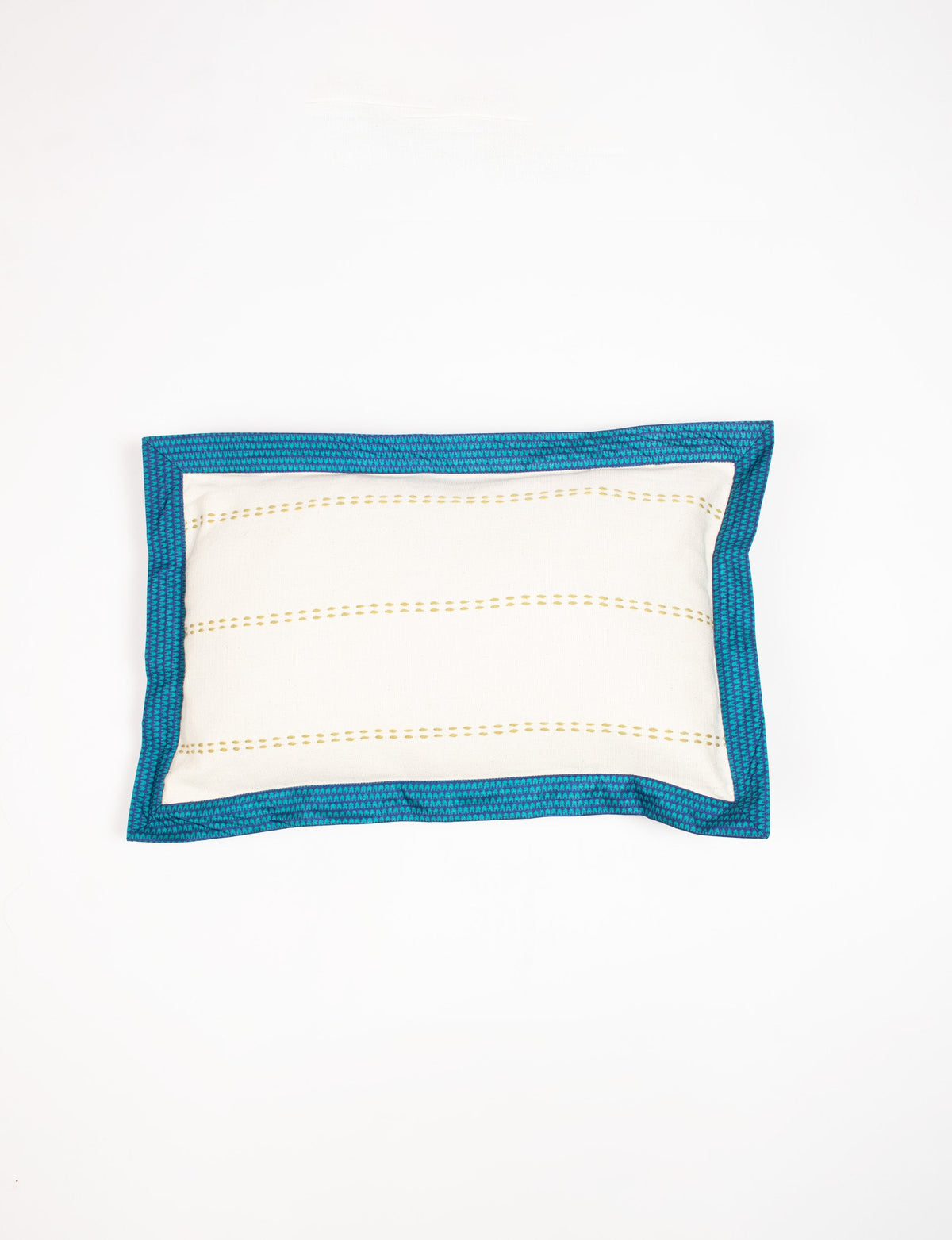 Lumbar cotton cushion cover with broad blue sari edging and beige dotted horizontal lines, flat lay on white background