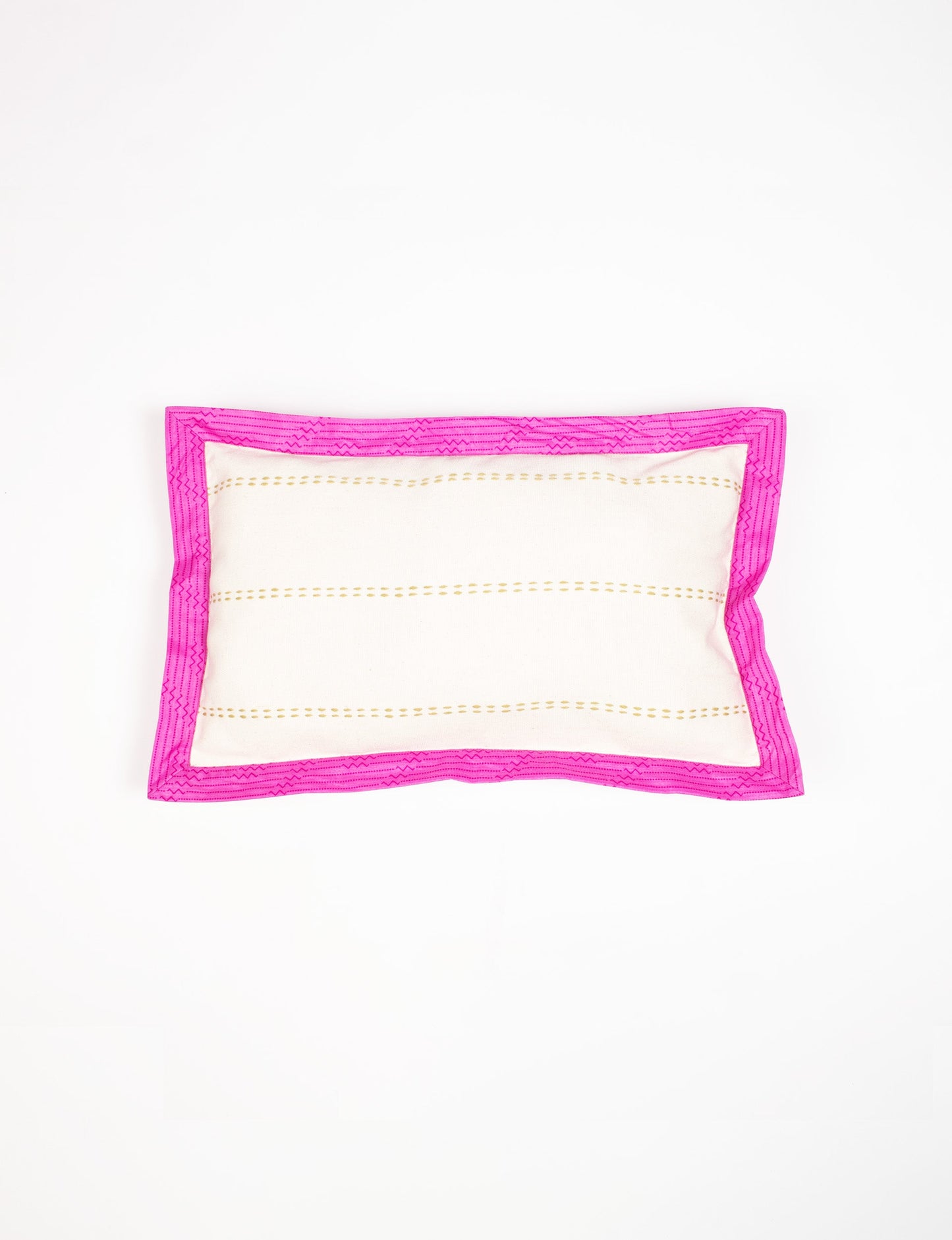 Lumbar cotton cushion cover showcasing intricate threadwork and broad sari edging, made with recycled materials and designed for those who value upcycled clothing, conscious clothing, and circular fashion.