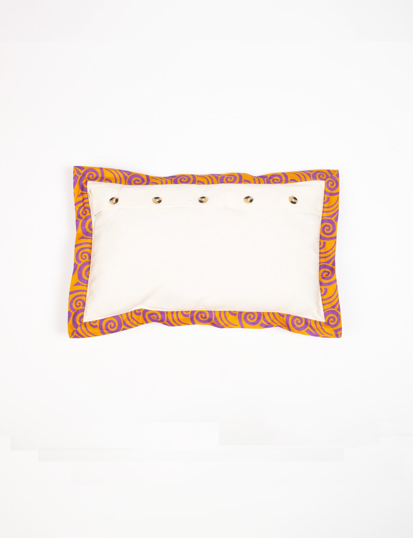 Lumbar cotton cushion cover showcasing intricate threadwork and broad sari edging, made with recycled materials and designed for those who value upcycled clothing, conscious clothing, and circular fashion.