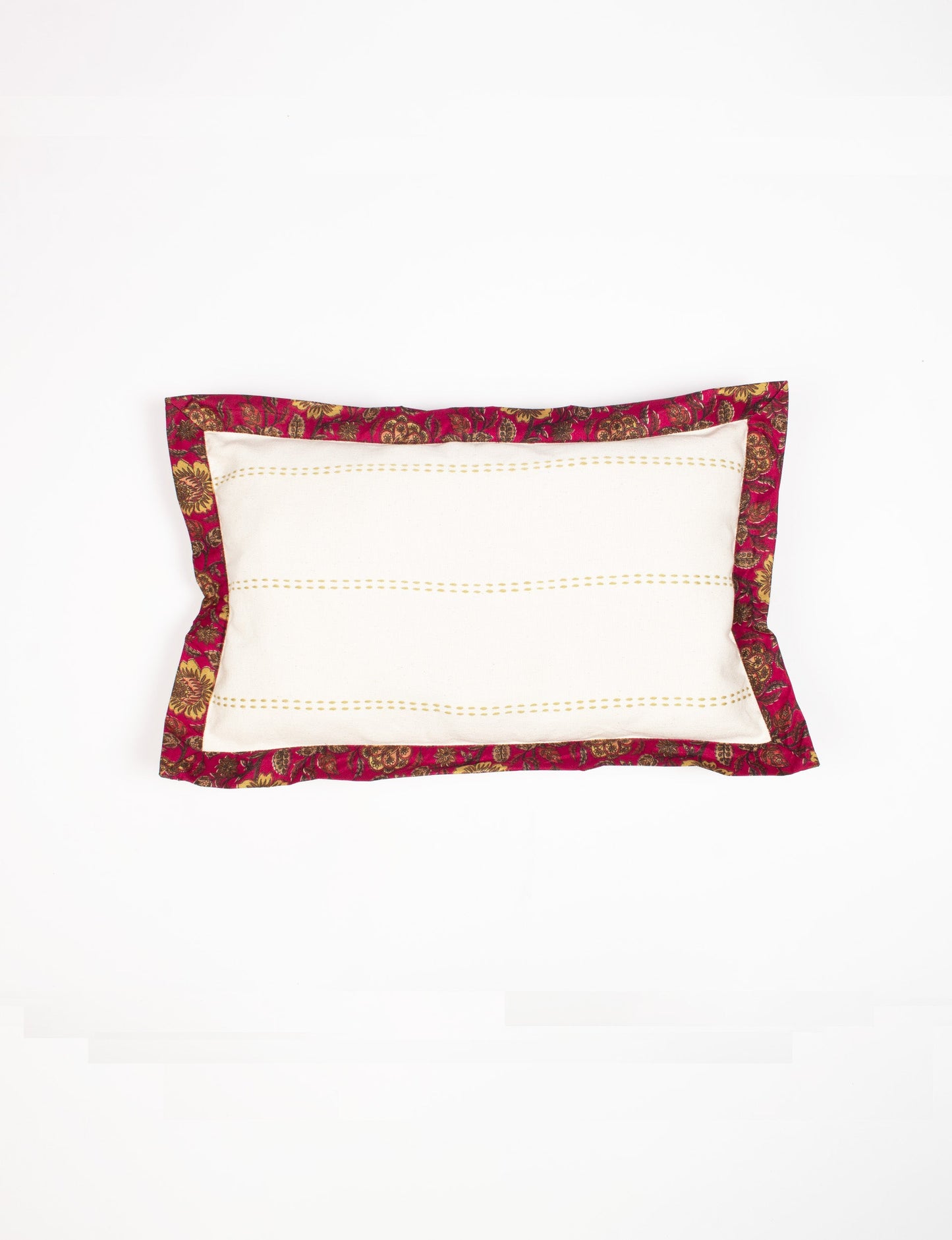 Lumbar cotton cushion cover showcasing intricate threadwork and broad sari edging, made with recycled materials and designed for those who value upcycled clothing, conscious clothing, and circular fashion.