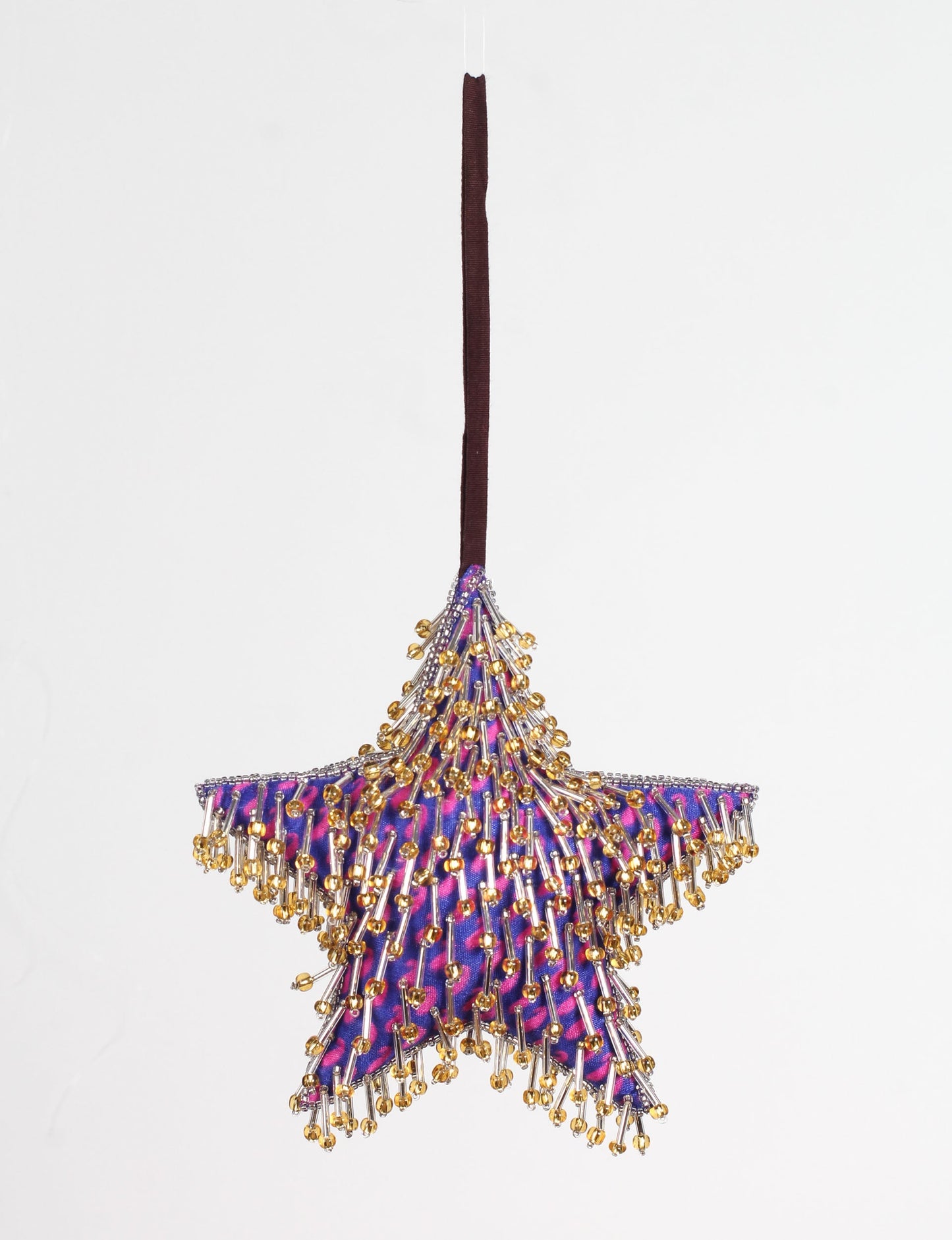 Hand-embroidered Milky Way Star ornament crafted from recycled saris, showcasing upcycled garments, green fashion, conscious clothing, and sustainable apparel. Perfect eco-friendly decoration made with climate-neutral practices.