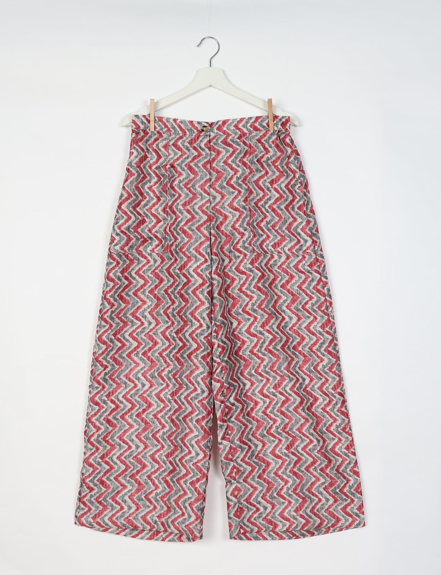 Upcycled women’s wide leg pants made from preloved saris, showcasing eco friendly clothes, zero waste clothing, and carbon neutral fashion.