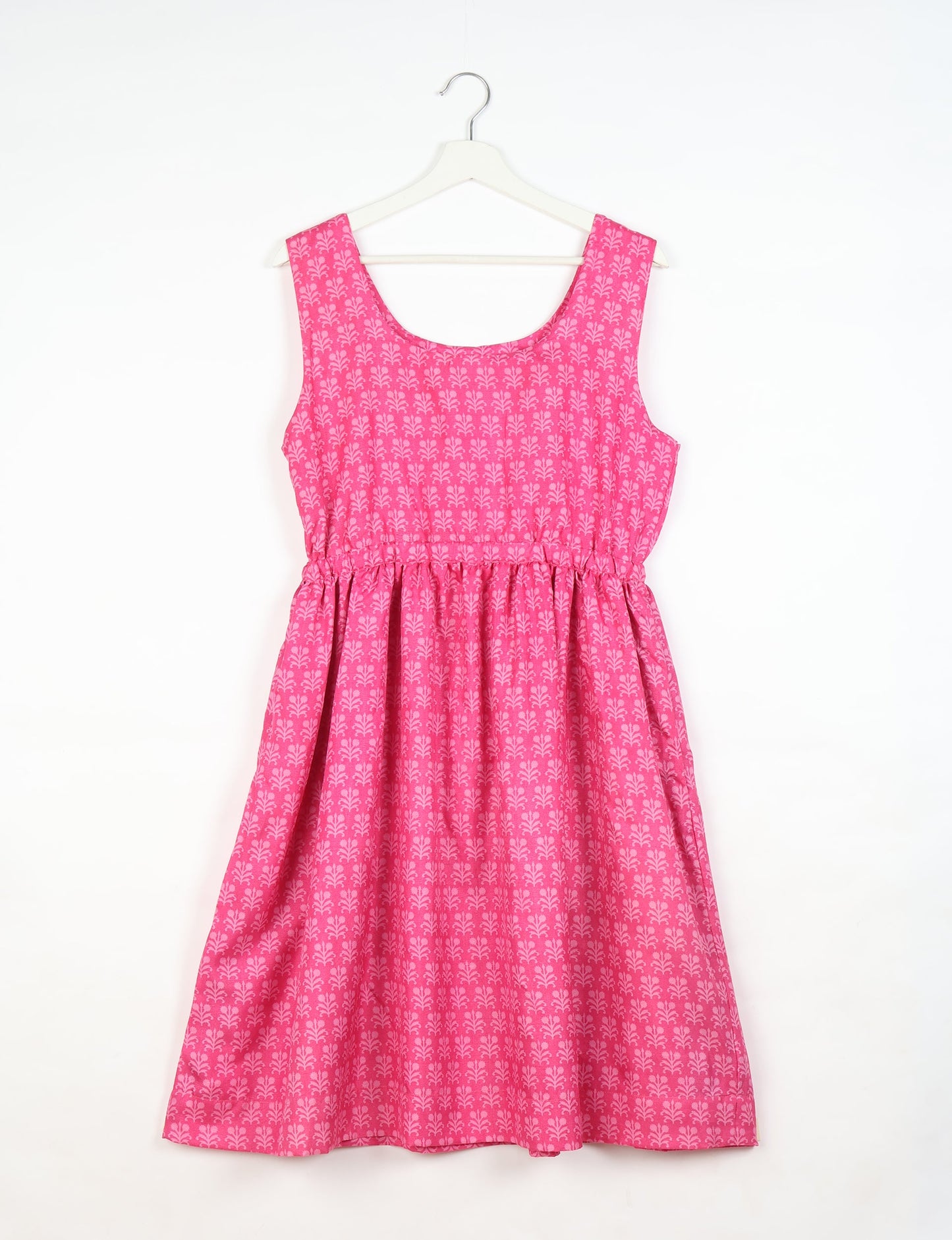 Upcycled women’s fit and flare dress made from recycled sari products, showcasing environment friendly clothing and green fashion design — an eco clothing choice for conscious clothing lovers and sustainable women’s fashion enthusiasts.