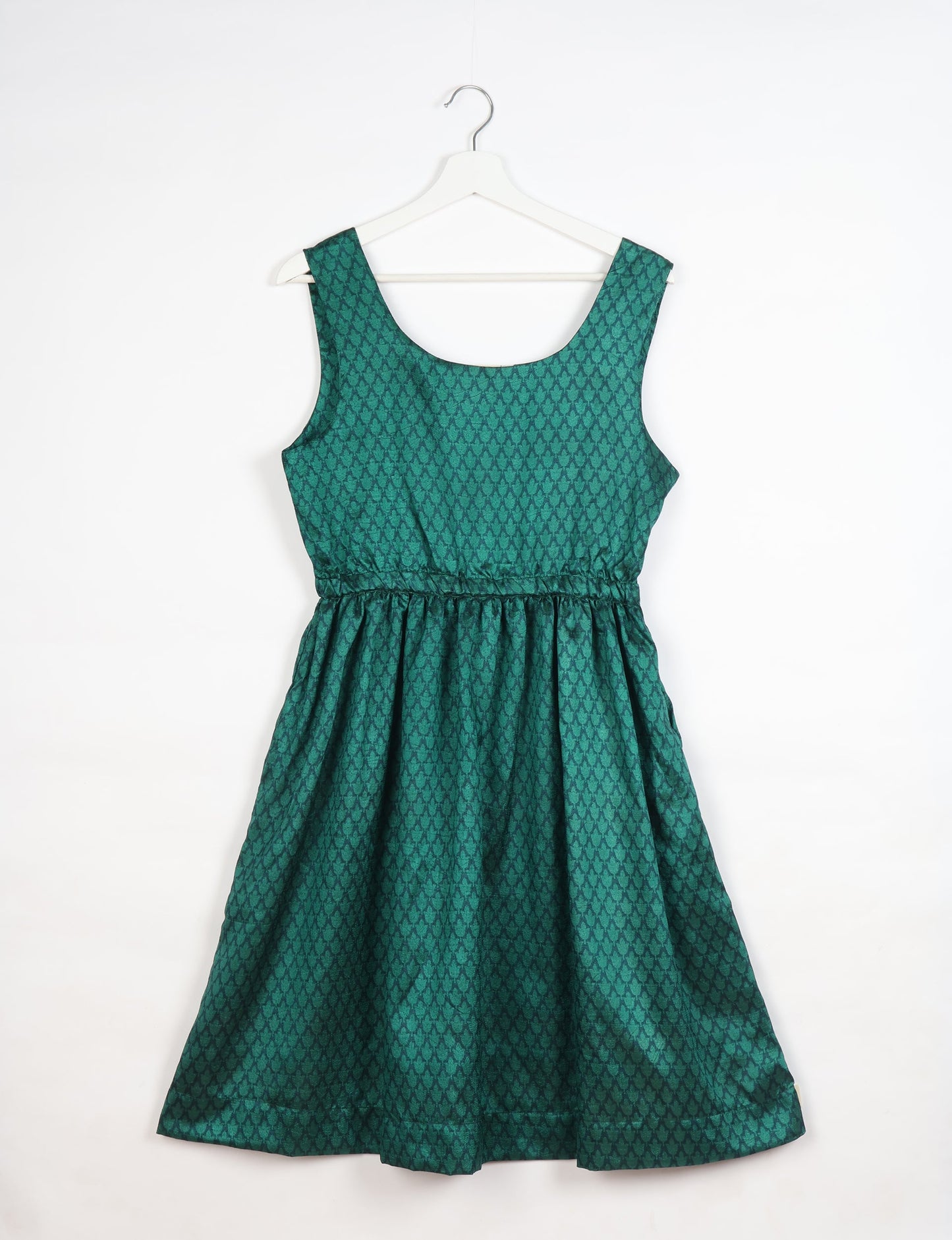 Upcycled women’s fit and flare dress made from recycled sari products, showcasing environment friendly clothing and green fashion design — an eco clothing choice for conscious clothing lovers and sustainable women’s fashion enthusiasts.