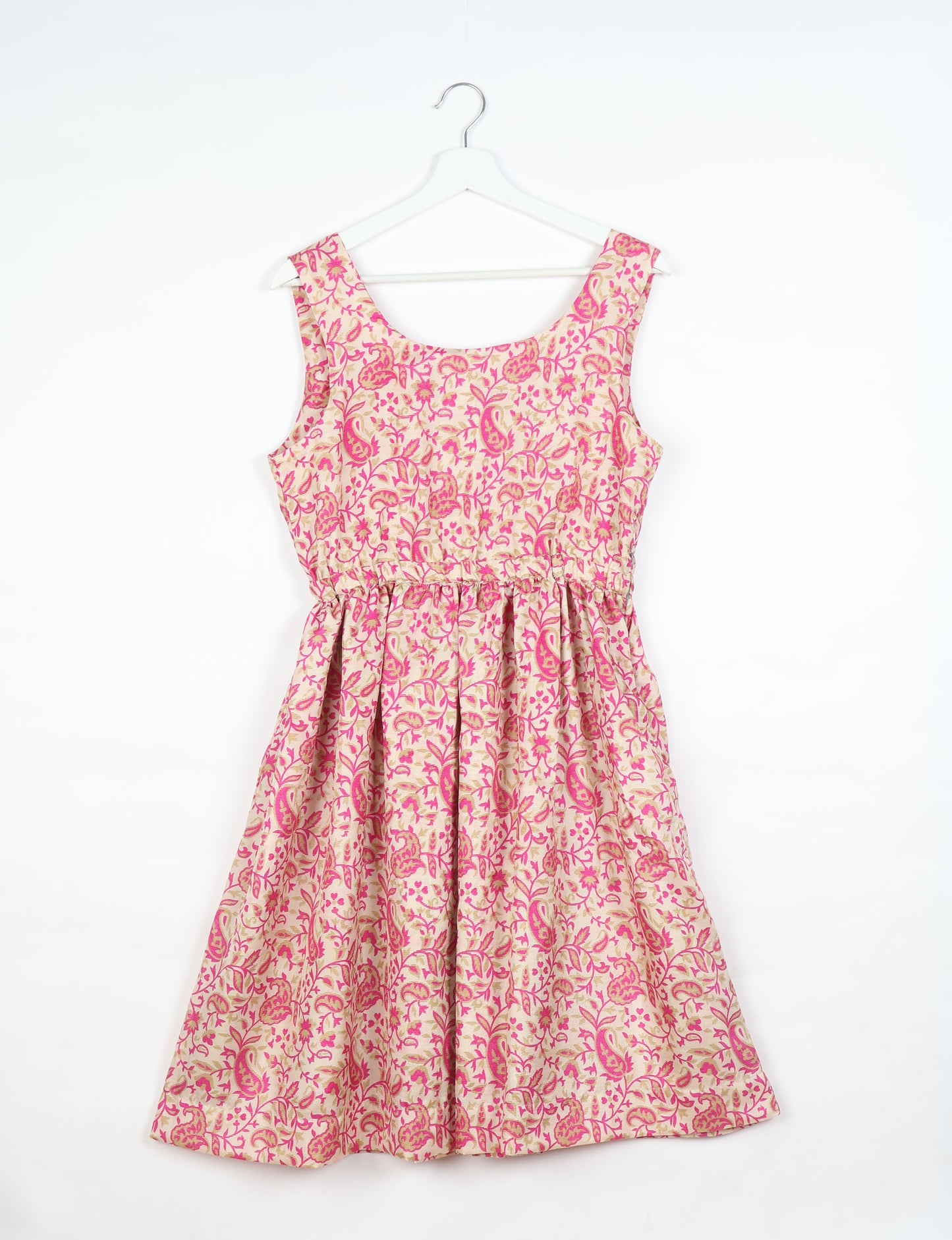 Upcycled women’s fit and flare dress made from recycled sari products, showcasing environment friendly clothing and green fashion design — an eco clothing choice for conscious clothing lovers and sustainable women’s fashion enthusiasts.