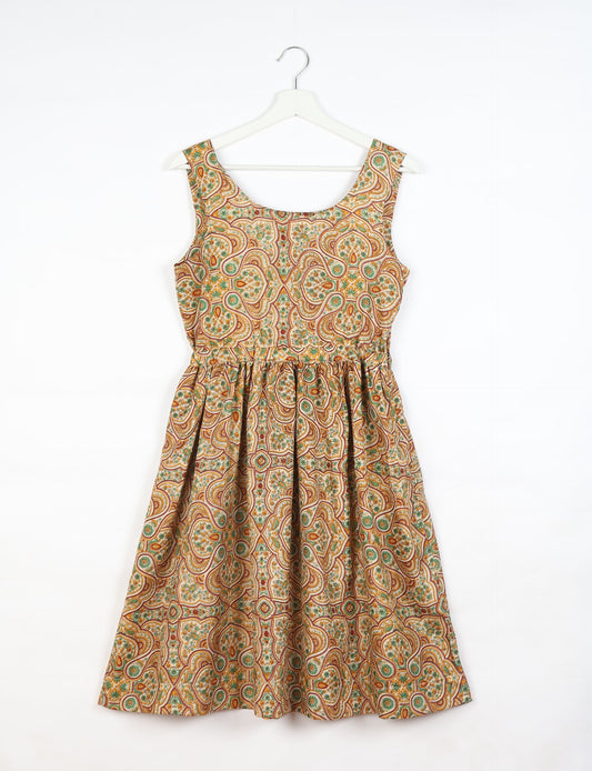 Upcycled women’s fit and flare dress made from recycled sari products, showcasing environment friendly clothing and green fashion design — an eco clothing choice for conscious clothing lovers and sustainable women’s fashion enthusiasts.