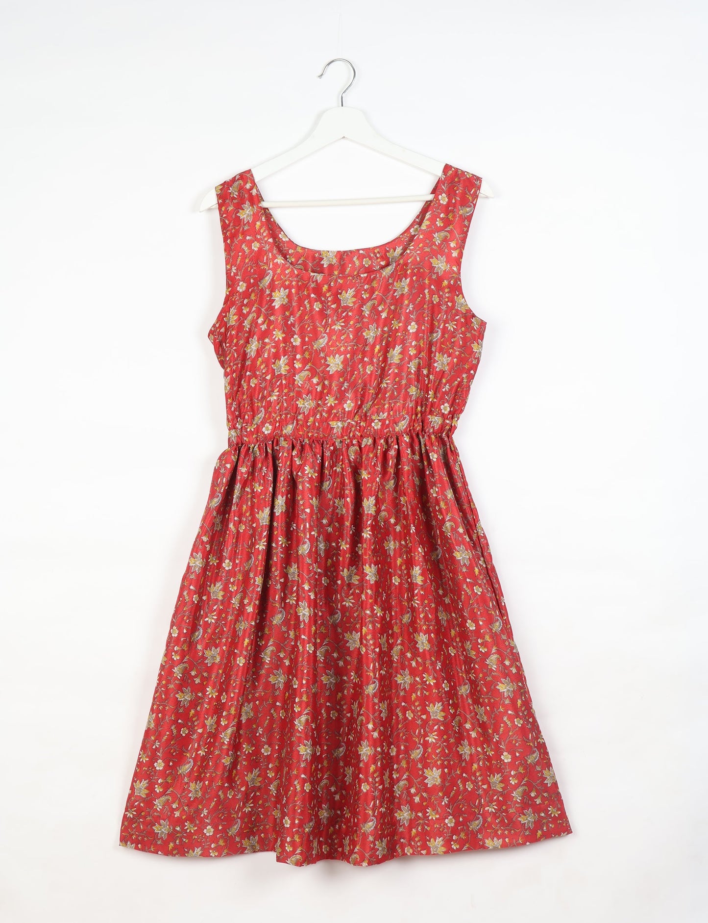 Upcycled women’s fit and flare dress made from recycled sari products, showcasing environment friendly clothing and green fashion design — an eco clothing choice for conscious clothing lovers and sustainable women’s fashion enthusiasts.